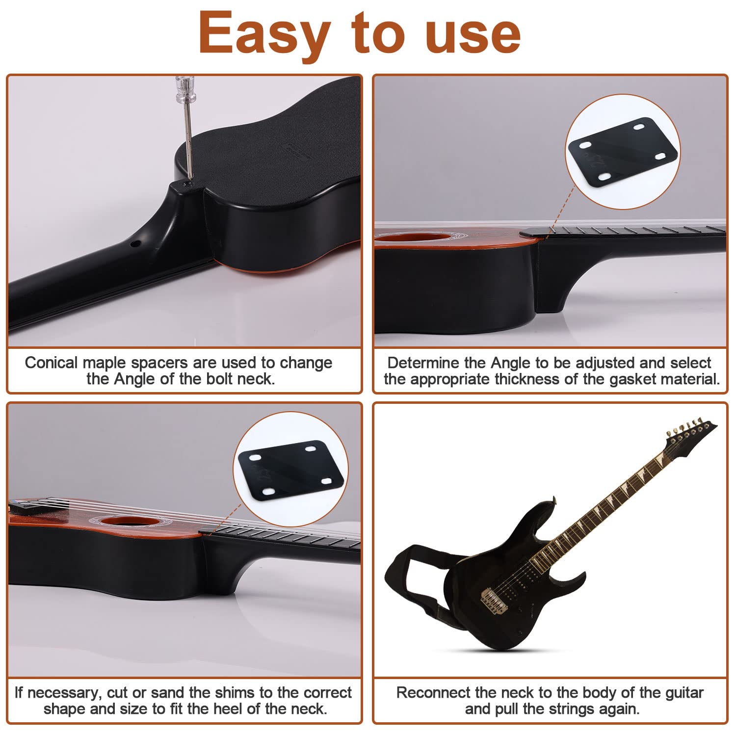 3-Pack Plastic Guitar Neck Shims for Electric & Bass Guitars - 0.25°, 0.5° & 1° Tapered Neck Angle Adjusters - Protective Guitar Neck Plate Repair Kit (Black) - Perfect for Guitar Setup, Maintenance & Professional Repairs