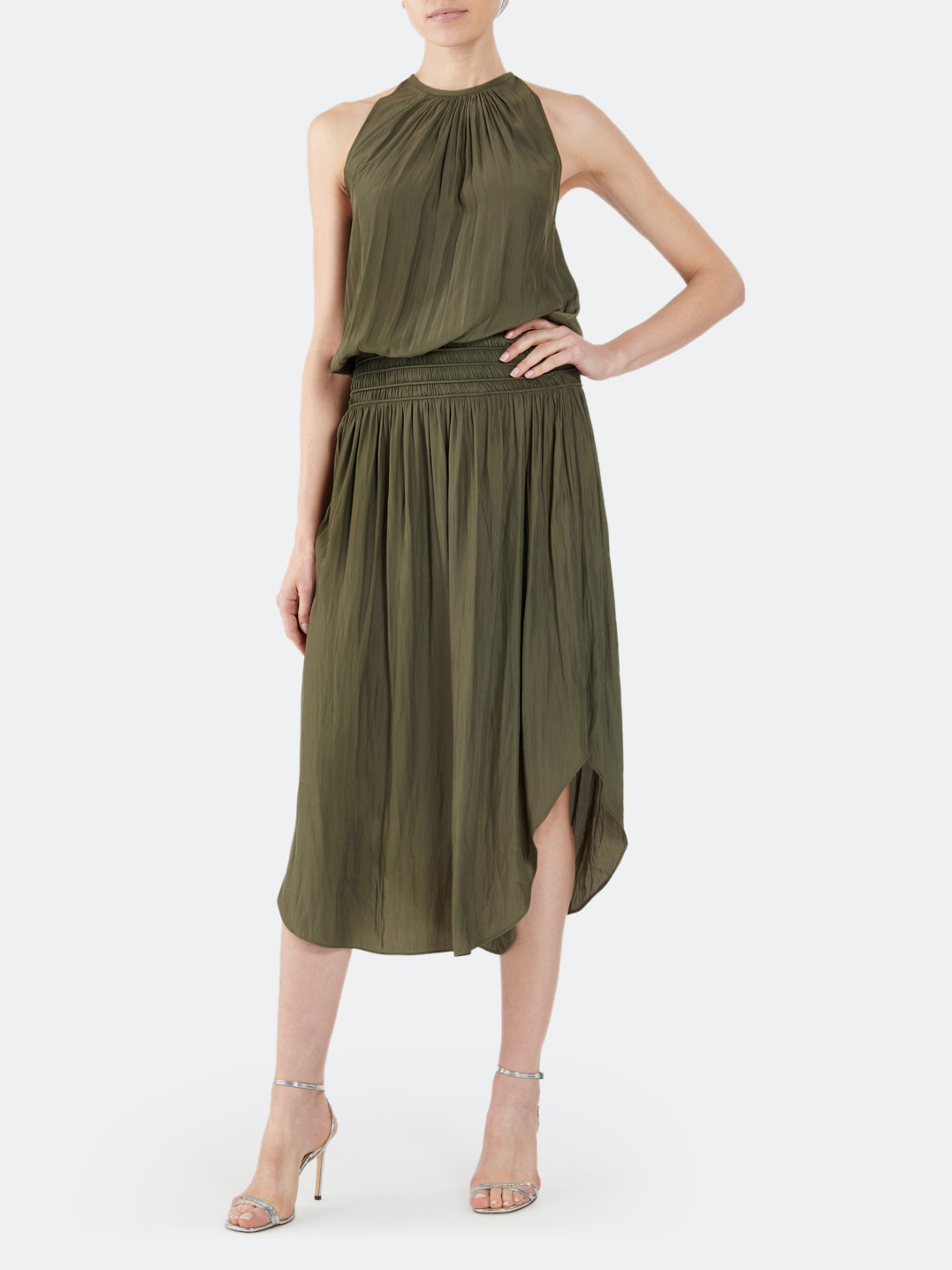Audrey Dress in Olive Green - Elegant Women's Midi Dress for Casual Wear, Office, and Special Occasions