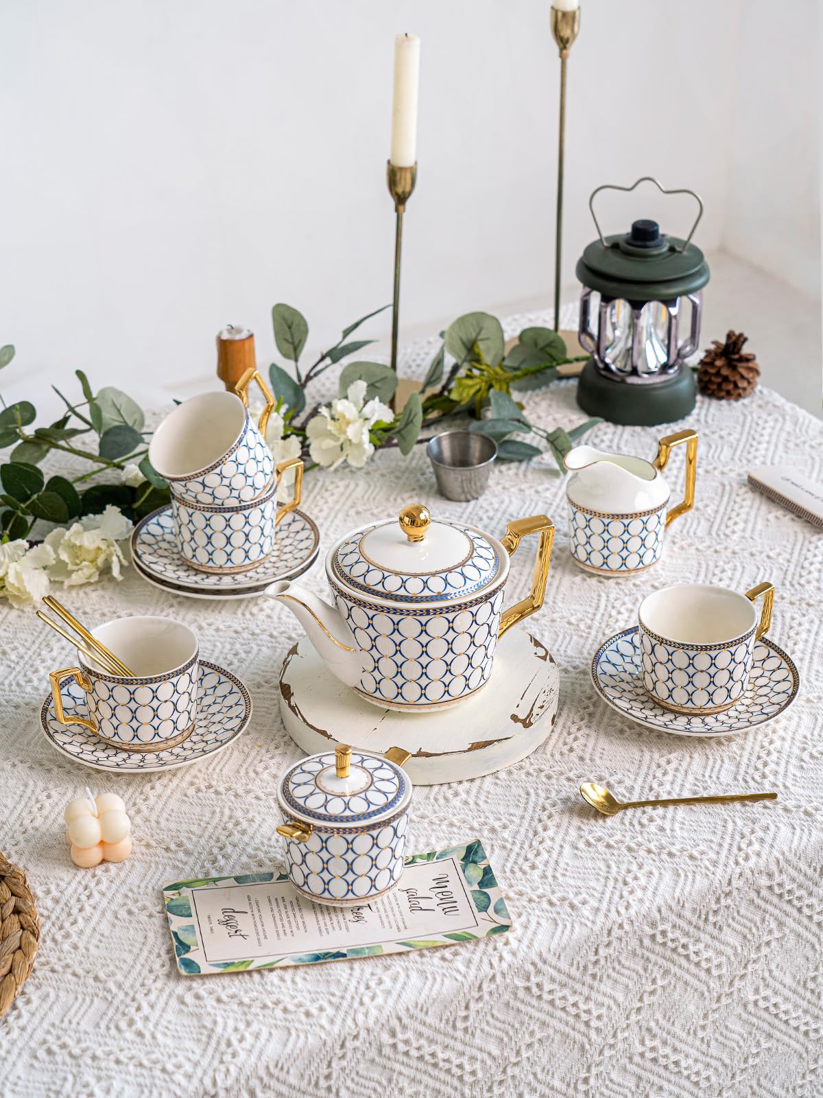 Elegant European Style Ceramic Coffee Cup and Saucer Set - 7 Oz Bone China Tea Cup with Blue Gold Glaze, Includes Golden Spoon - Perfect for Cappuccino, Latte & Tea - Ideal Women's Gift (4-Pack Set) - Great for Home, Office, Cafe or Romantic Gifts