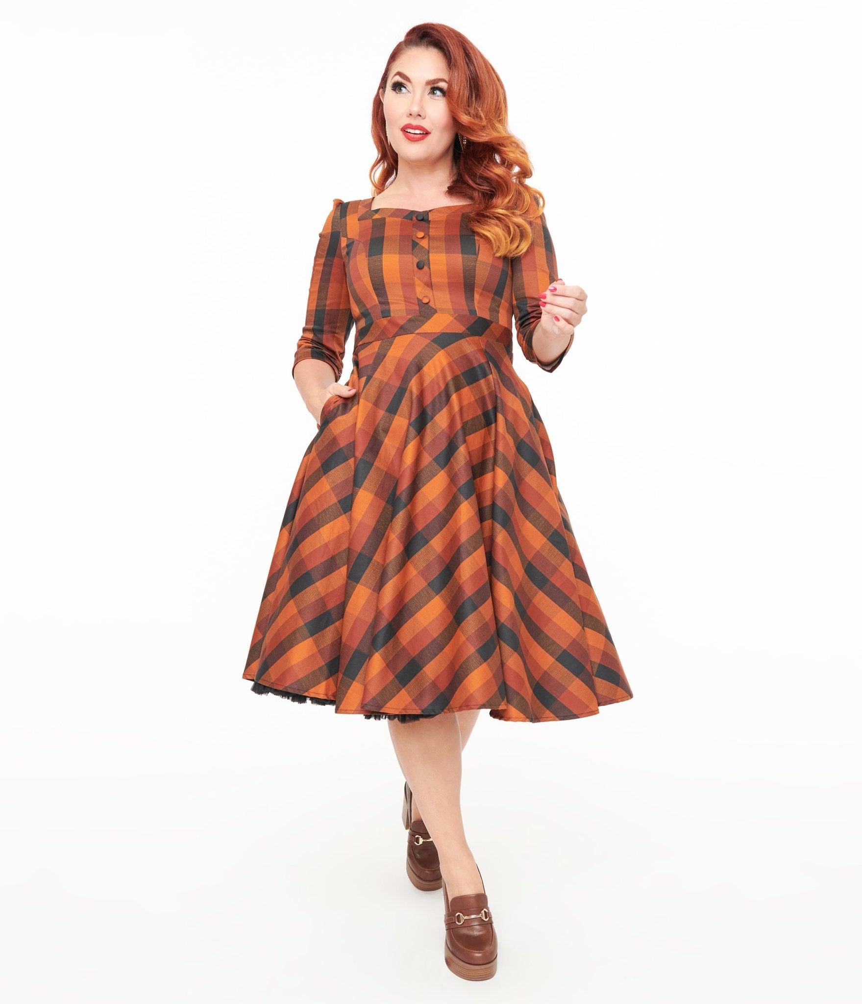 Hearts & Roses Brown & Orange Check Caitlin Swing Dress - Vintage Floral Print Women's Summer Dress for Casual Outings & Date Nights