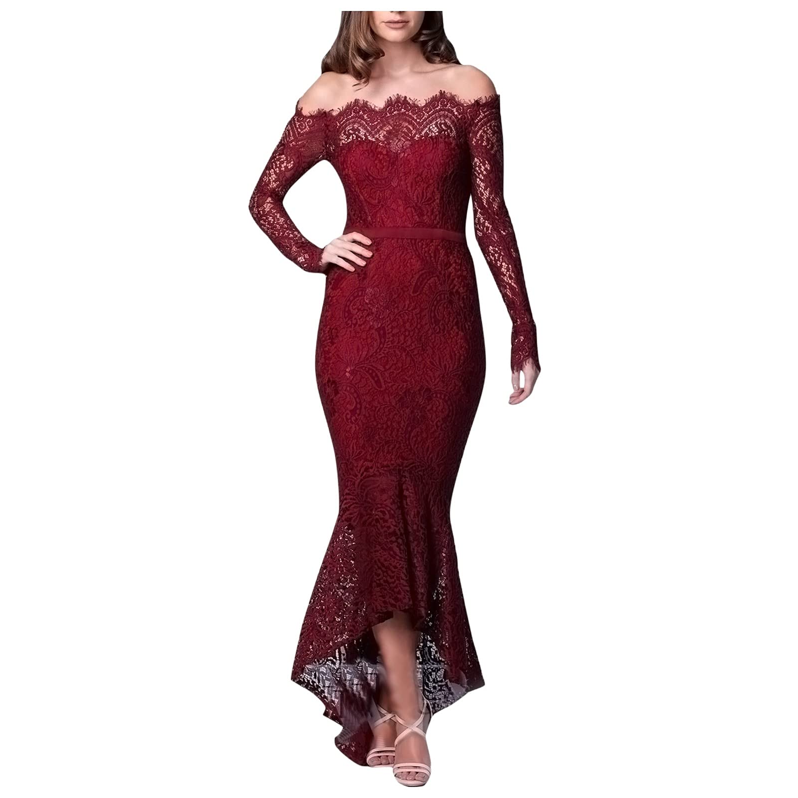 Elegant Women's Floral Lace Long Sleeve Off Shoulder Wedding Mermaid Dress - Romantic Midi Shirt Dress for Bridal Shower, Engagement Party & Formal Occasions