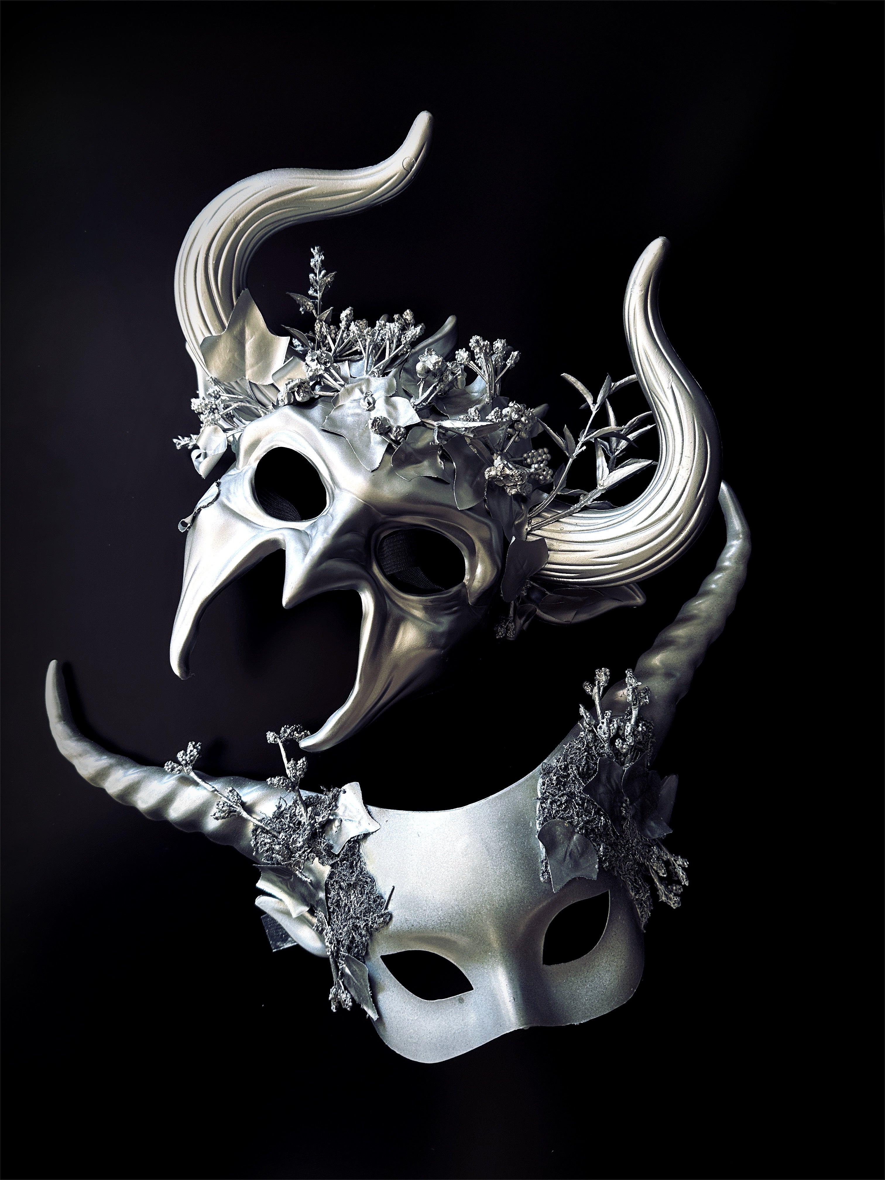 Elegant Couples Masquerade Masks with Mythical Forest Horns - Silver Venetian Carnival Costume Accessories for Halloween, Mardi Gras, and Themed Parties
