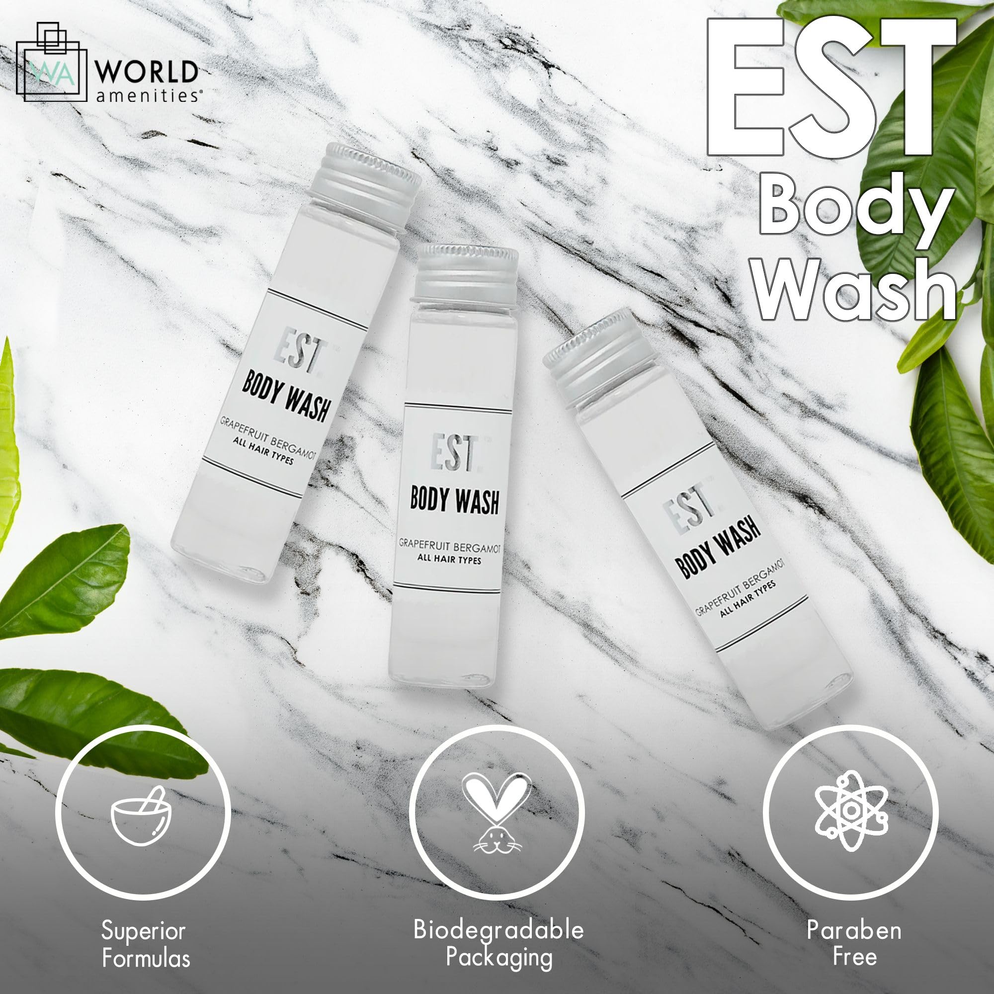 EST. Grapefruit Bergamot Scented Body Wash - Biodegradable & Recyclable Bottle with Screw Top - 1.41oz/40ml Travel Size (Pack of 48) - Perfect for Hotels, Gyms, Spas & Travel Toiletries