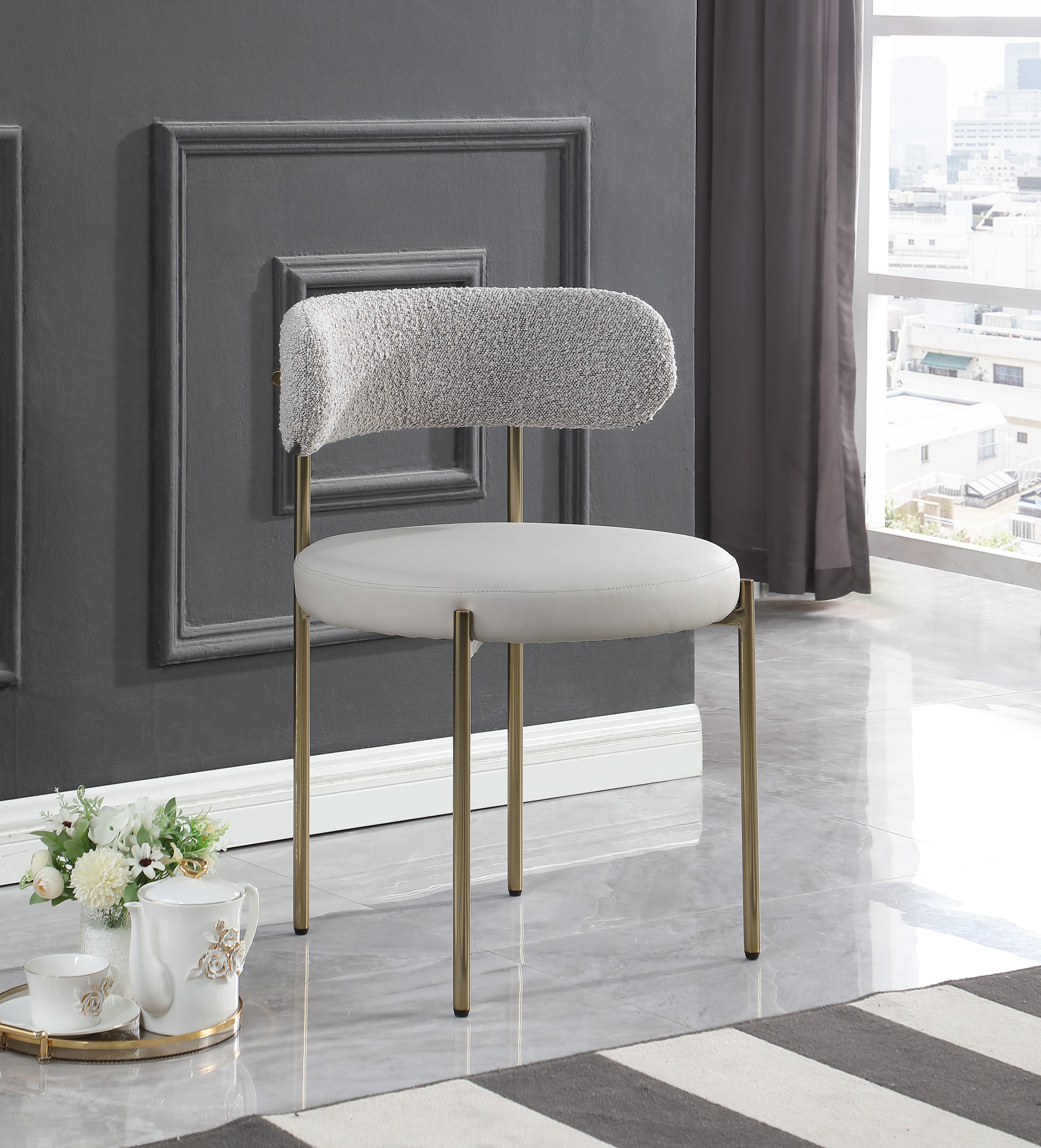 Vegan Leather & Boucle Fabric Dining Chair - Modern Comfortable Kitchen & Dining Room Seating for Home & Office Use
