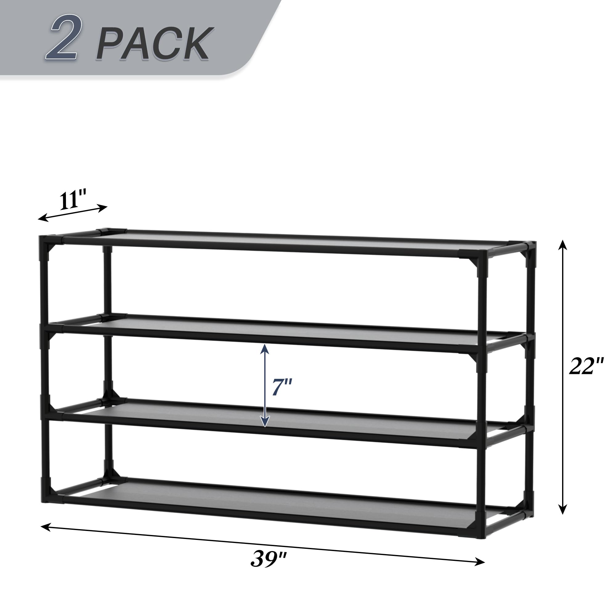 2-Pack 4-Tier Shoe Rack Organizer with Detachable Metal Frame & Non-Woven Fabric - Space Saving Shoe Storage Cabinet for Entryway, Hallway, Bathroom - Perfect for Small Spaces and Apartment Living