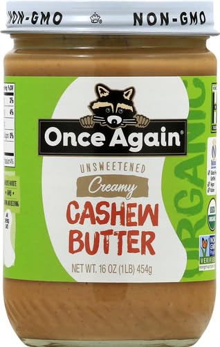 Once Again Organic Creamy Cashew Butter, 16oz - Unsweetened, USDA Organic, Gluten Free, Vegan, Kosher, Peanut Free - Healthy Snack for Smoothies, Toast & Baking - Glass Jar (1 Jar)