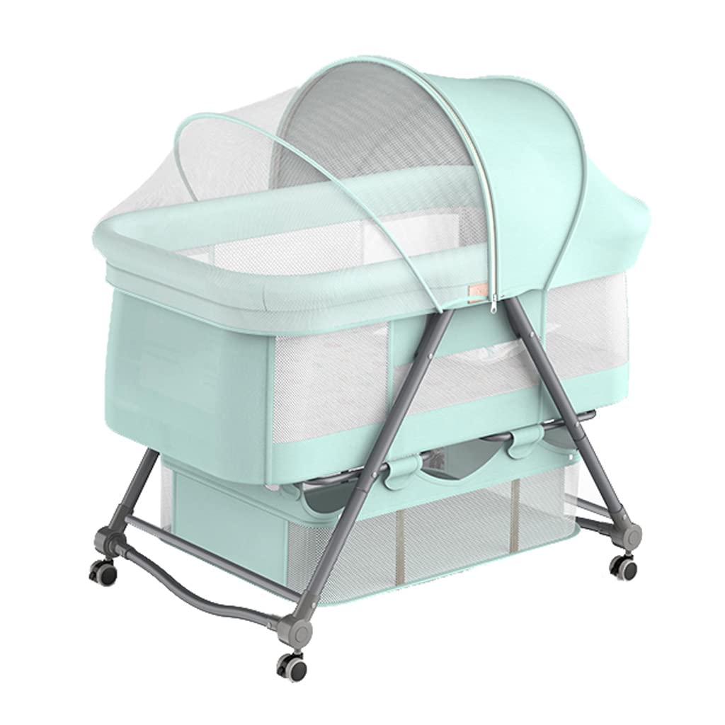 Portable Toddler Bed with Storage Basket & Wheels - Foldable Co-Sleeper Crib Bassinet with Aviation Aluminum Alloy Frame, Lift & Cradle Function, Green | Perfect for Nursery, Travel & Small Spaces