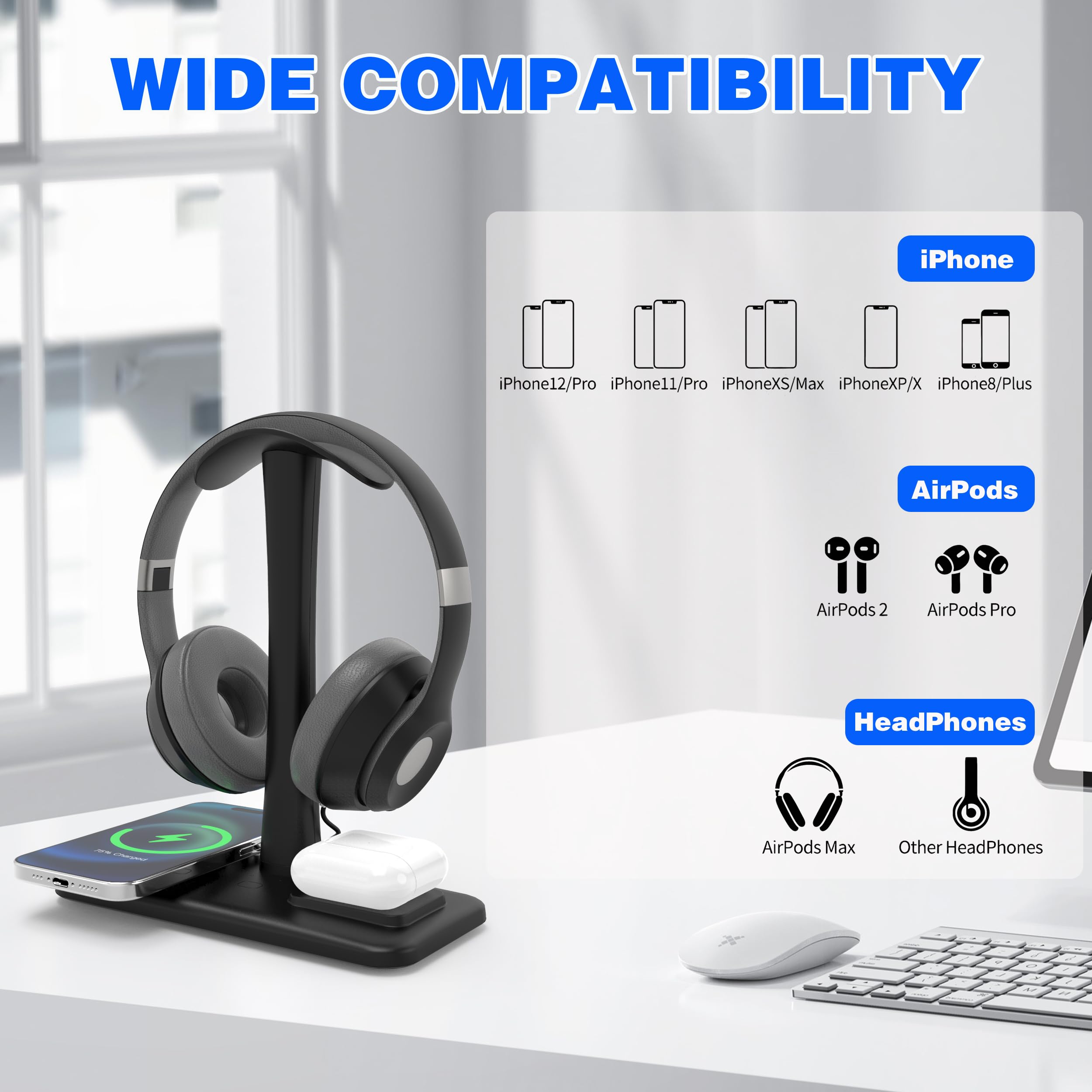 5 in 1 Wireless Charging Headphone Stand - 15W Fast Charging Station for iPhone 15/14/13/12/11/XS/XR/X, AirPods 3/2/Pro/2 - Gaming Headset Holder with USB Ports - Perfect for Office, Gaming & Home Desk Organization (Black)