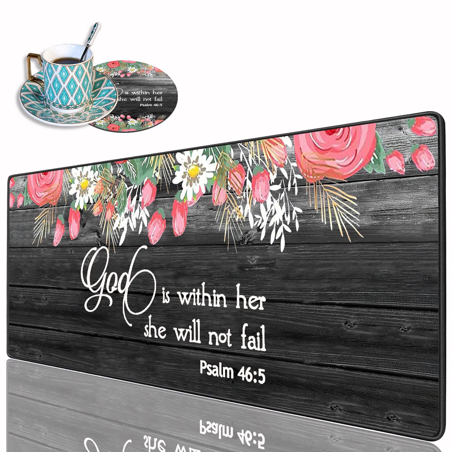 XXL 31.5x11.8 Inch Non-Slip Gaming Mouse Pad with Stitched Edges & Coasters - Floral Bible Verse Design (Psalm 46:5) for PC, Laptop, Office & Home Desk Setup | Waterproof Desk Mat for Work, Gaming & Typing Comfort