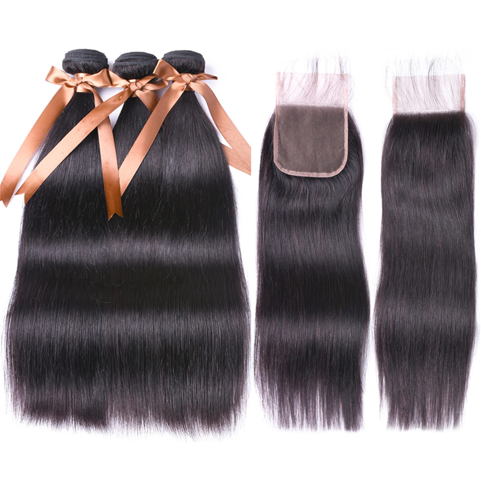 ALLRUN 100% Unprocessed Brazilian Straight Virgin Human Hair Bundles with Closure - 3 Bundles + Free Part (22, 24, 26 Inches + 20