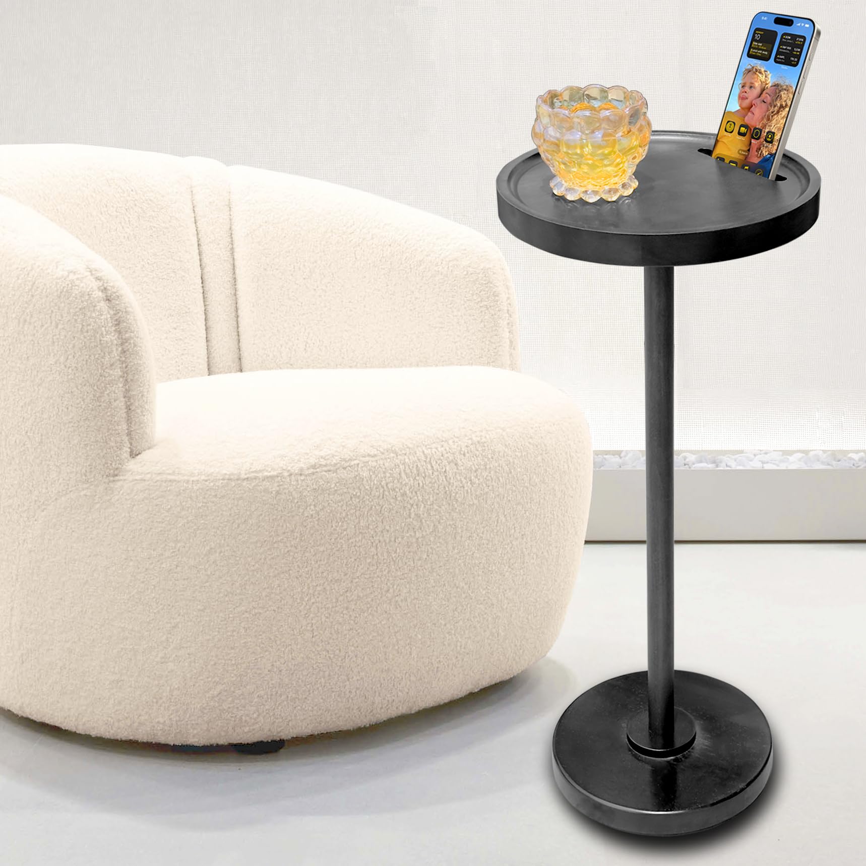 Sturdy Pedestal End Table with Phone Holder - Small Space Side Table for Home Office, Bedroom & Living Room - Vintage Distressed Finish - Perfect for Holding Drinks, Books & Decor