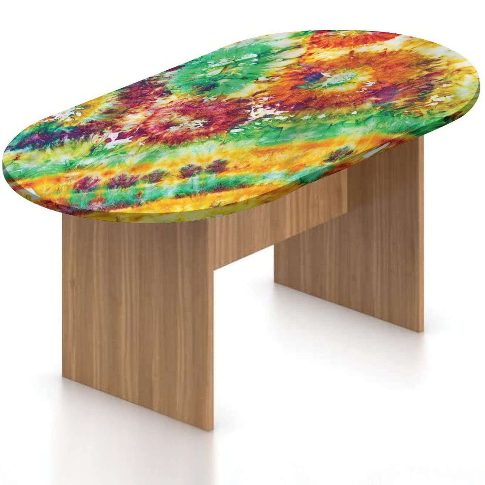 Waterproof Oval Fitted Table Cover - Batik Elastic Edge Polyester Tablecloth with Abstract Oriental Design for Kitchen, Party, Picnic & Dining - Fits 28