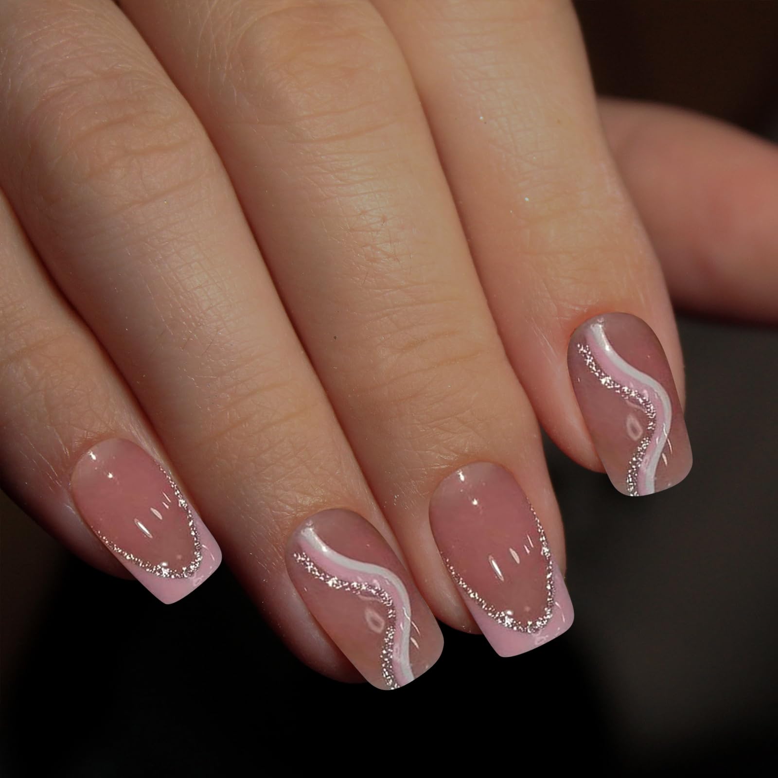 RYMAUP® 24pcs Medium Square Press on Fake Nails - Rose White Ombre with Silver Glitter & Wavy Design - Includes Nail Glue - Perfect for Parties, Weddings, Date Nights & Special Occasions
