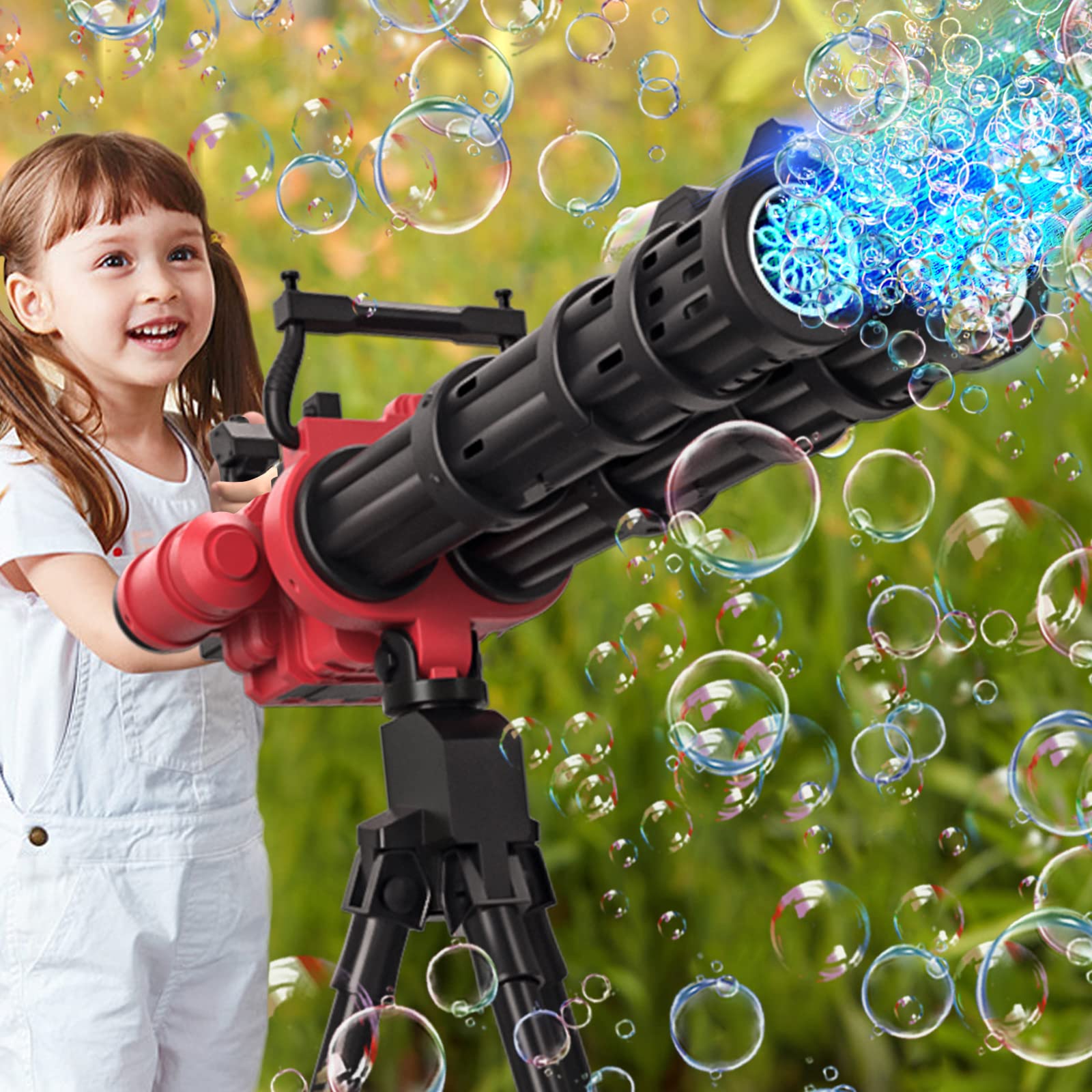 Gatling Bubble Gun with LED Lights - Automatic Bubble Blower Machine for Kids, Includes Bubble Solution - Fun Summer Outdoor & Indoor Toy for Birthday Parties, Weddings, Events - Best Gift for Boys & Girls
