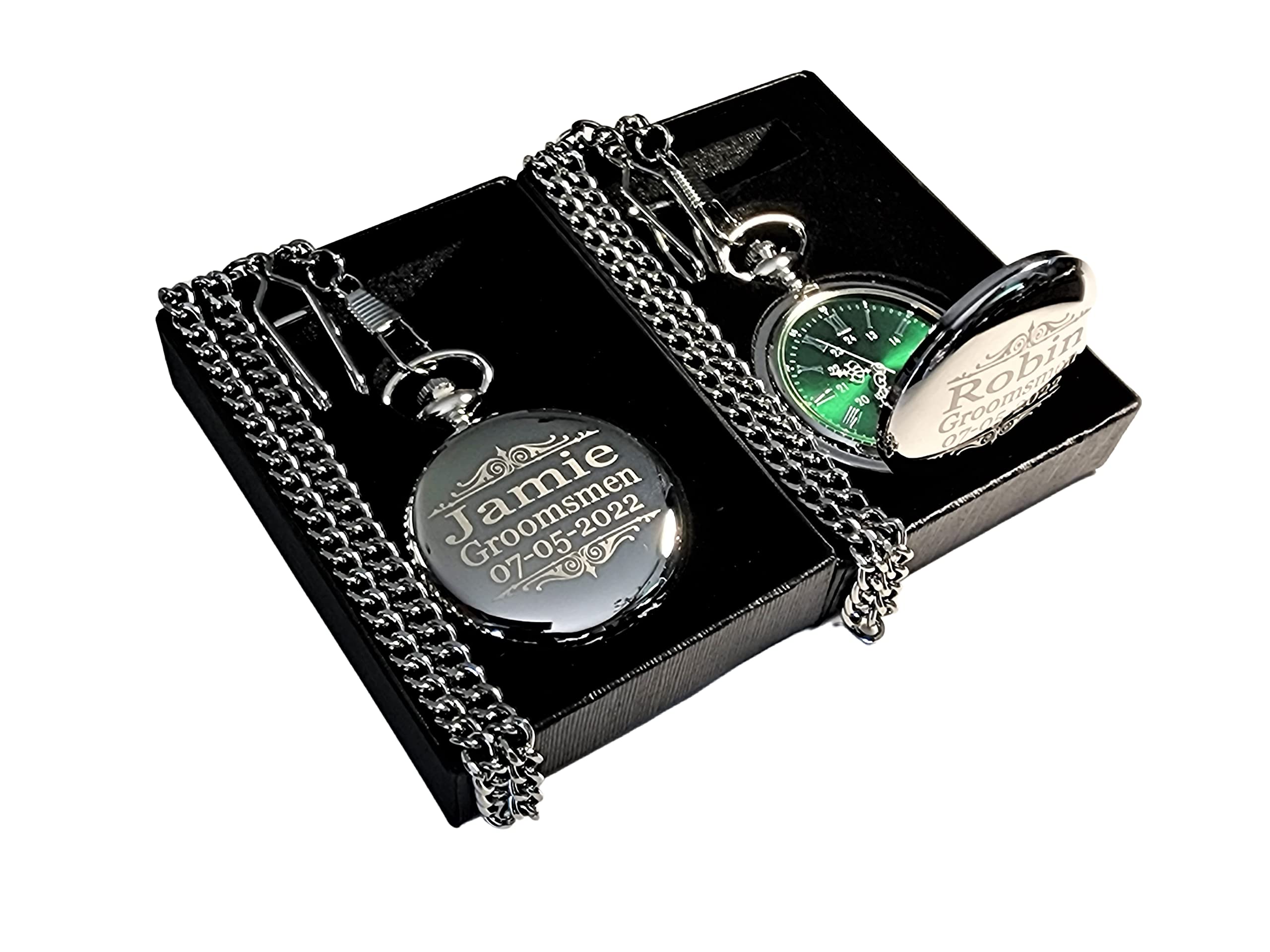 Personalized Silver Pocket Watch Set with Green Dial & Roman Numerals - Custom Engraved Wedding Gift for Him/Her - Includes Chain & Fitted Box - Perfect for Anniversaries, Engagements & Special Occasions