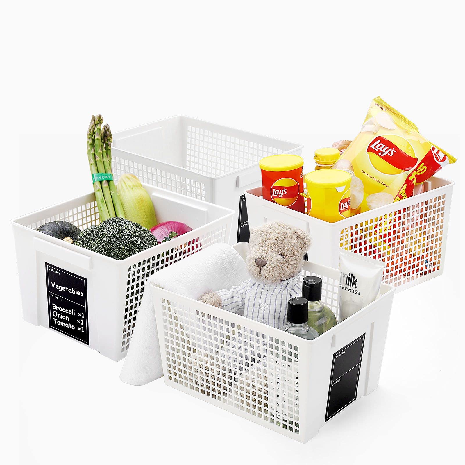 Large Plastic Storage Baskets with Chalkboard Labels - 4 Pack White Organizer Bins (11