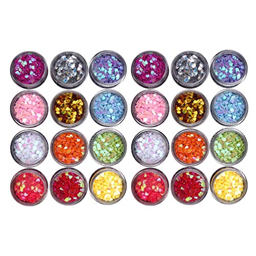 Lurrose 24Pcs Heart Shaped Nail Art Sequins - Colorful Shiny Glitter for Nail Decoration & Slime Making | Perfect for DIY Manicures, Girls' Parties & Nail Salon Supplies