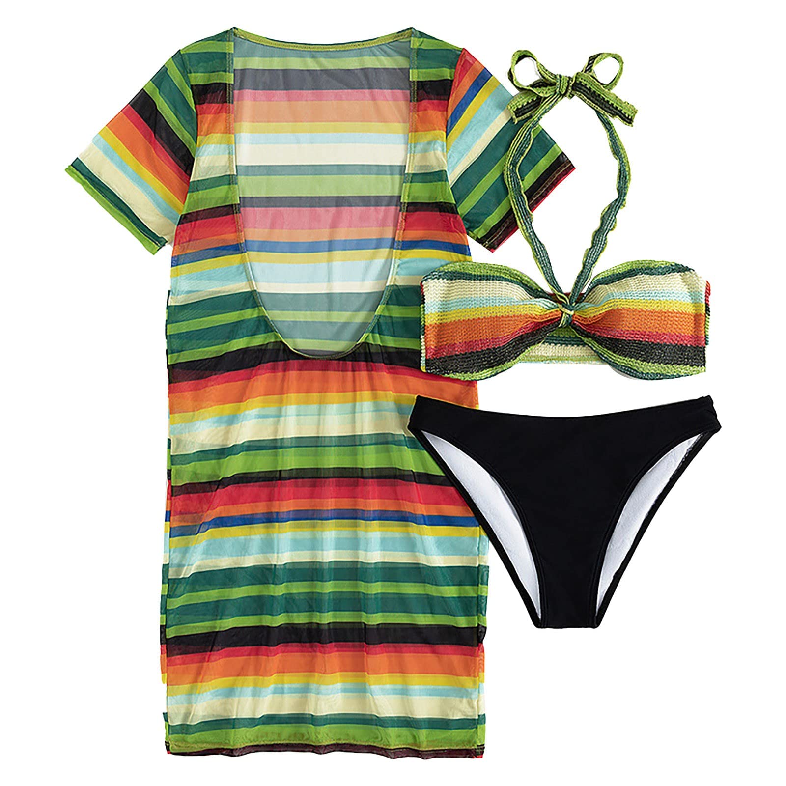 3 Piece Swimsuits for Women - High Waist Tummy Control Bathing Suit with Color Stripes & Wrap Design | Perfect for Beach, Pool & Summer Vacations