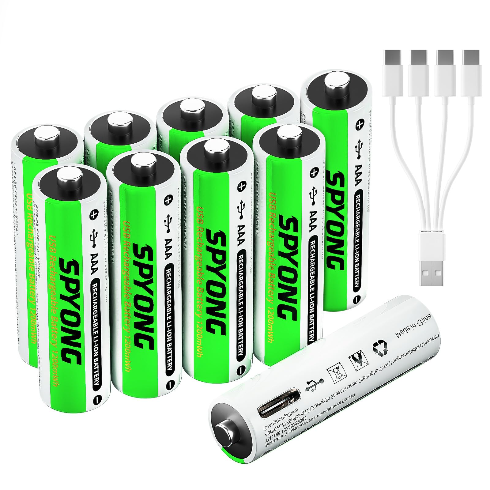 10-Pack AAA Rechargeable Batteries 1.5V Lithium Ion - 1200mWh High Capacity, 1500+ Charge Cycles, Fast USB-C Charging in 40 Minutes with 4-in-1 Cable - Perfect for Wireless Keyboards, Gaming Controllers, Smart Home Devices & Toys