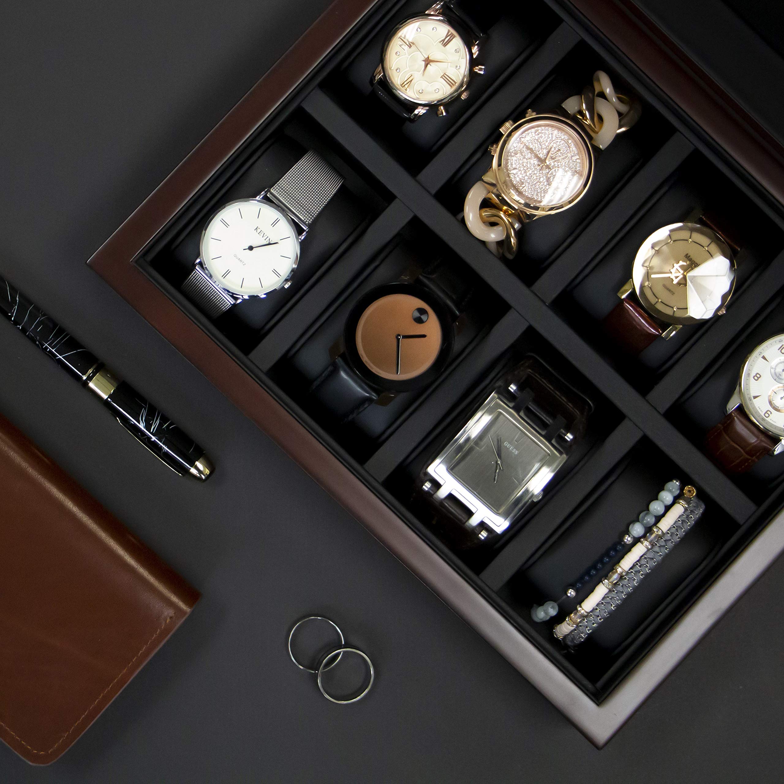 Deccorebay Executive Unisex Signature Wood Watch Case Display Box - Holds 8 Watches (Love You Engraved) - Perfect for Watch Collectors, Gift Giving & Jewelry Storage