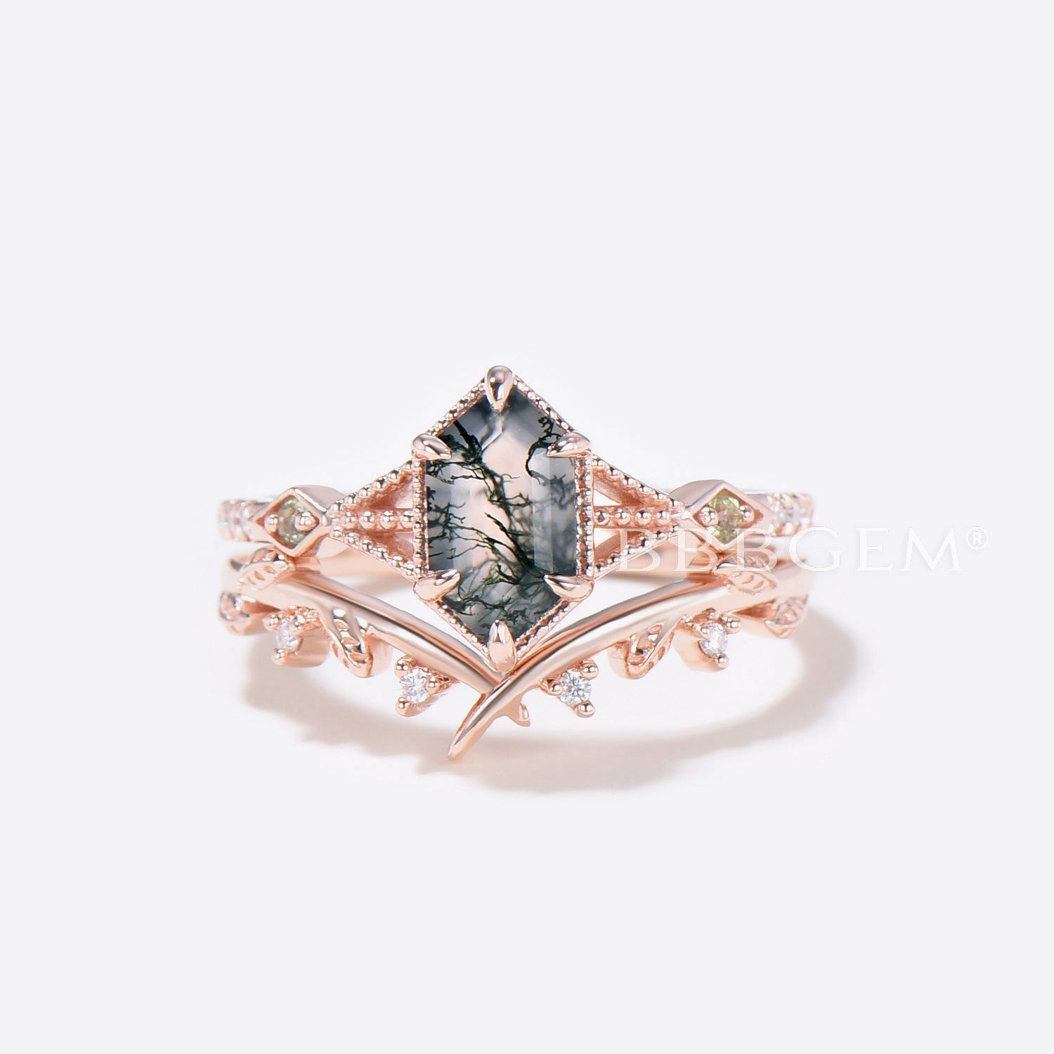 Long Hexagon Cut Moss Agate Ring Set - Rose Gold 3 Stone Engagement Ring for Women | Wedding, Anniversary & Promise Jewelry Gift
