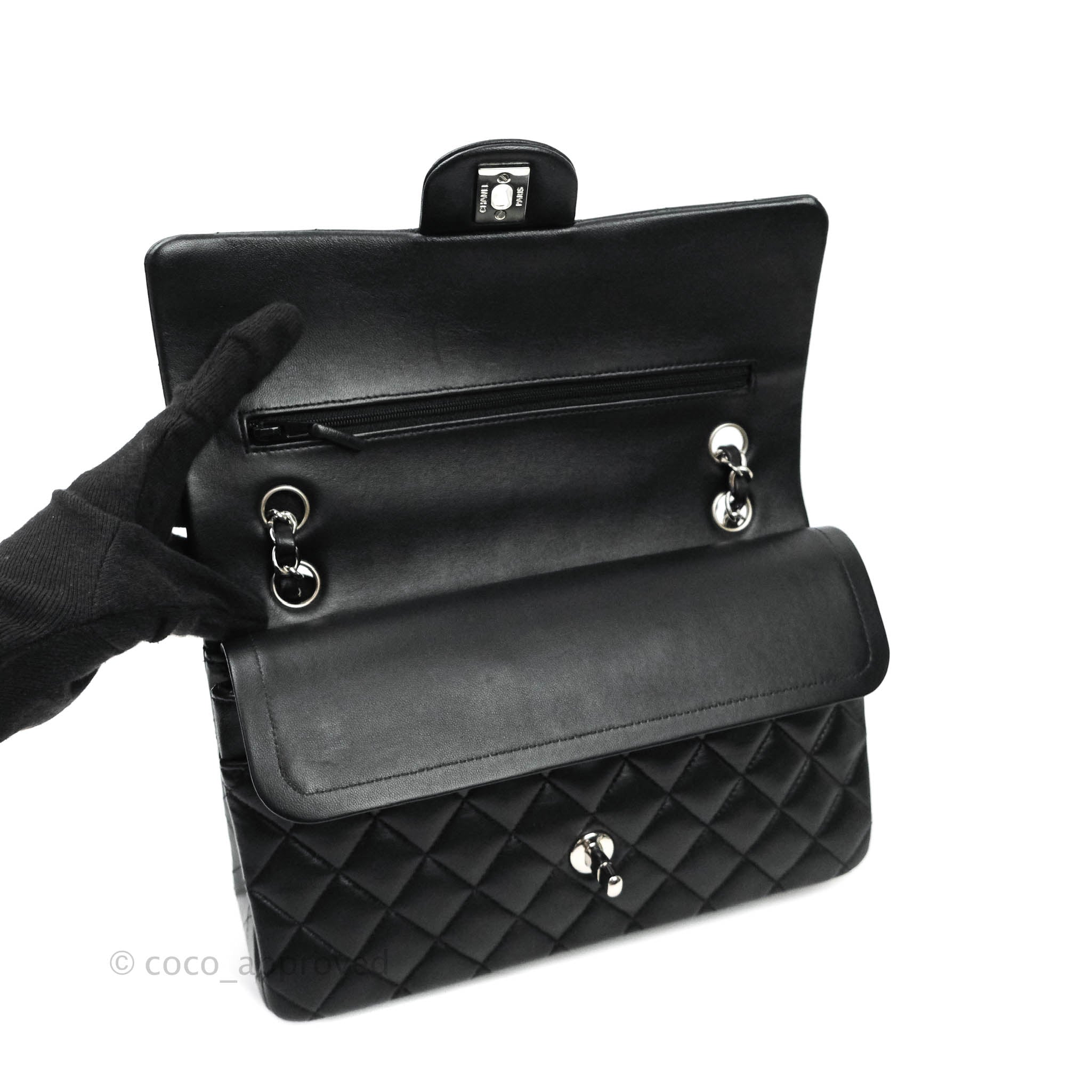 Chanel Classic M/L Medium Double Flap Bag Black Lambskin Silver Hardware - Luxury Designer Handbag for Women, Perfect for Work, Evening Events & Special Occasions