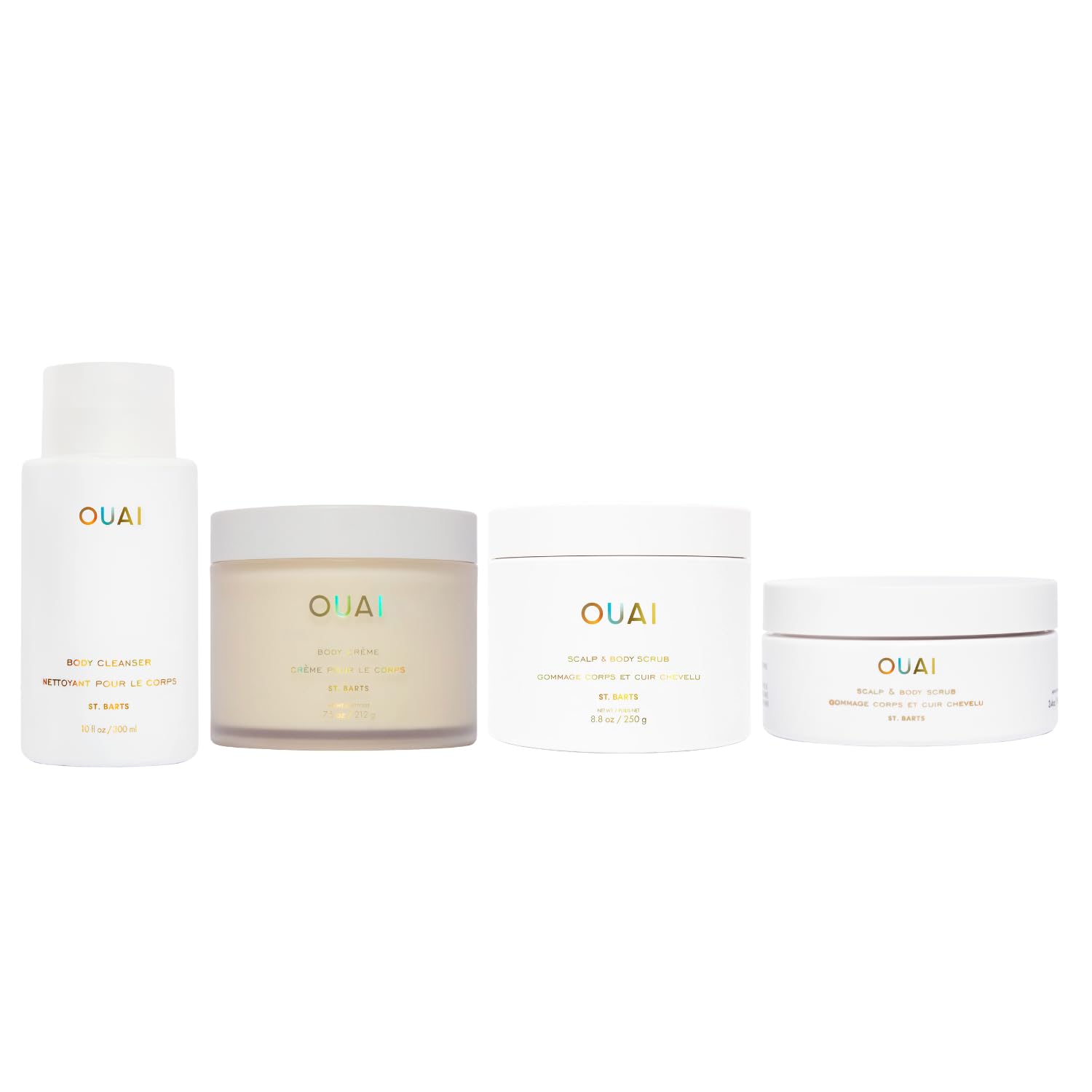 OUAI St. Barts Body Care Gift Set - 4-Piece Luxury Skincare Bundle with Hydrating Body Wash, Moisturizing Cream & Exfoliating Scrubs (For Travel & Home Spa)