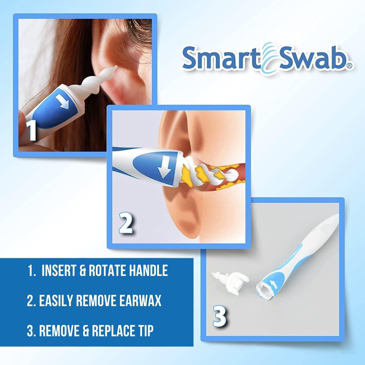 Smart Swab Spiral Ear Cleanser - 16 Replaceable Tips Earwax Remover Tool - Safe Pain-Free Reusable Ear Cleaning Kit for Adults & Kids - Gentle Earwax Removal for Home, Travel & Daily Hygiene Care