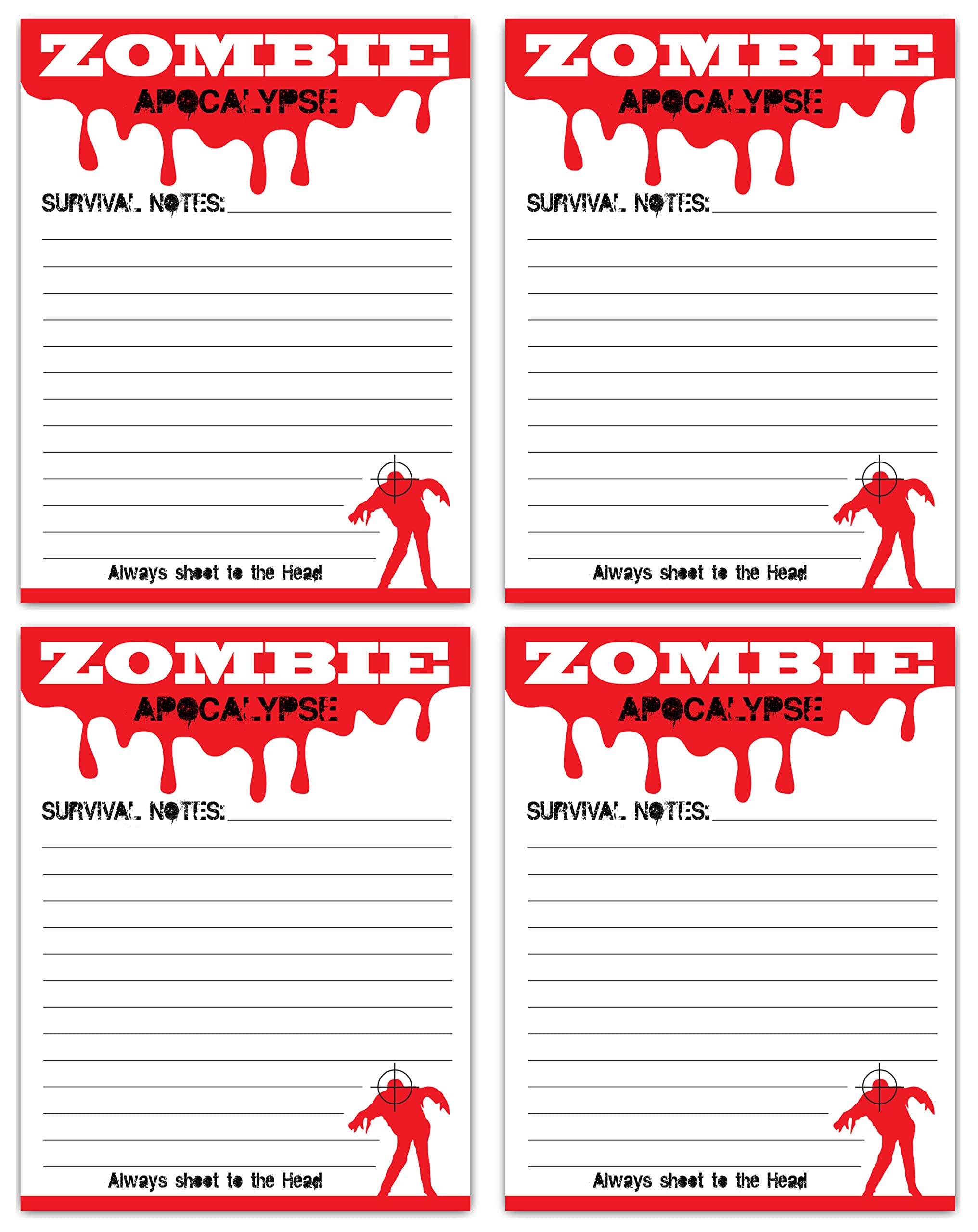 Zombie Notepads (4-Pack) 4 x 5.25 Inch, 50 Sheets Each - Funny Office Gifts for Coworkers, Halloween Party Favors & Unique Stationery Supplies