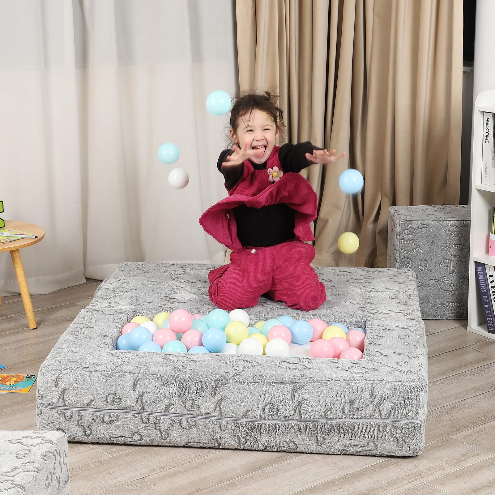3-in-1 Glow in The Dark Kids Play Couch Set for Toddlers - Foldable Sofa with Storage, Soft Grey Children's Furniture for Playroom, Bedroom & Indoor Playtime