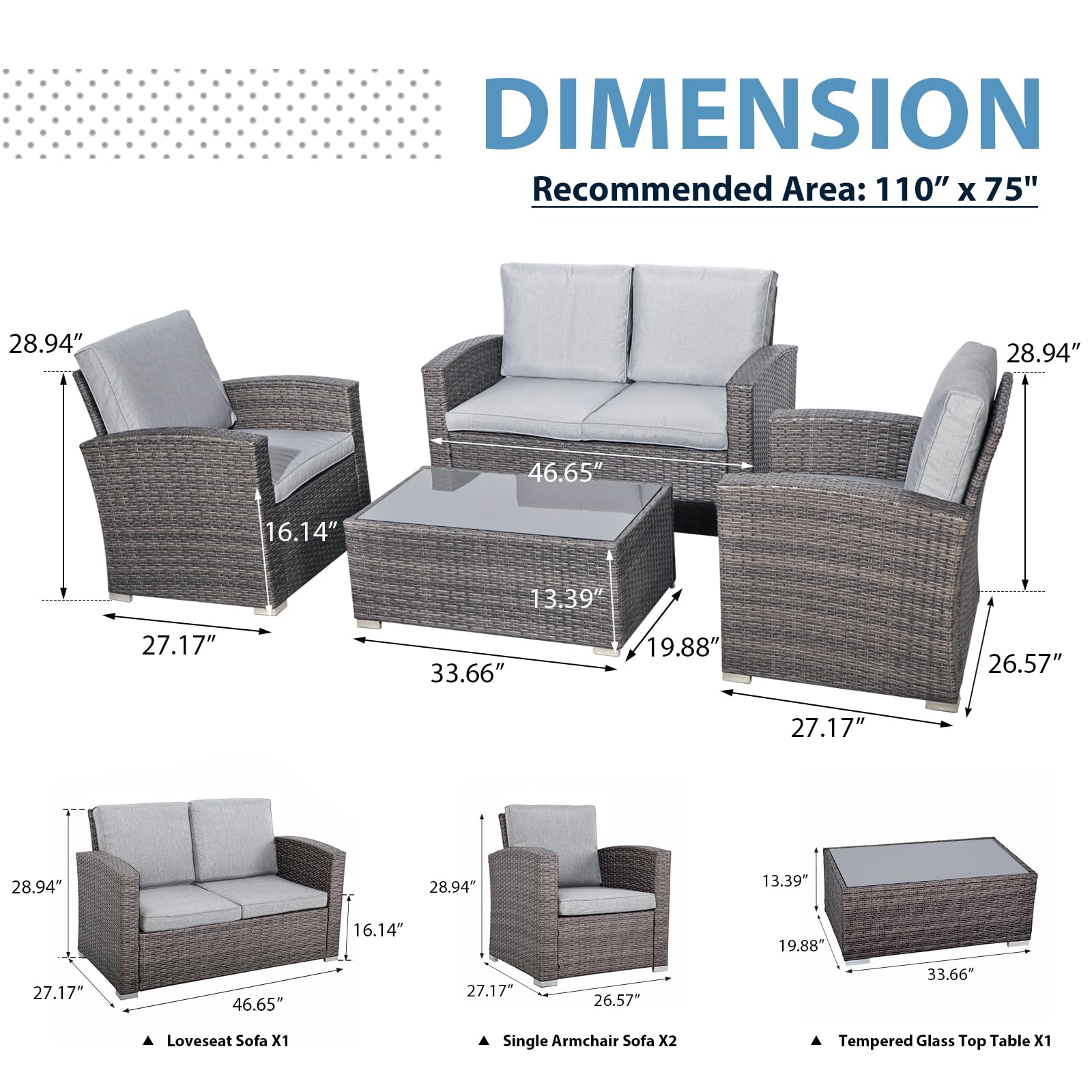 JOIVI 4-Piece Outdoor Patio Furniture Set - All-Weather PE Rattan Wicker Sectional Sofa with Tempered Glass Coffee Table, Light Gray - Perfect for Backyard, Garden, Poolside & Patio Relaxation
