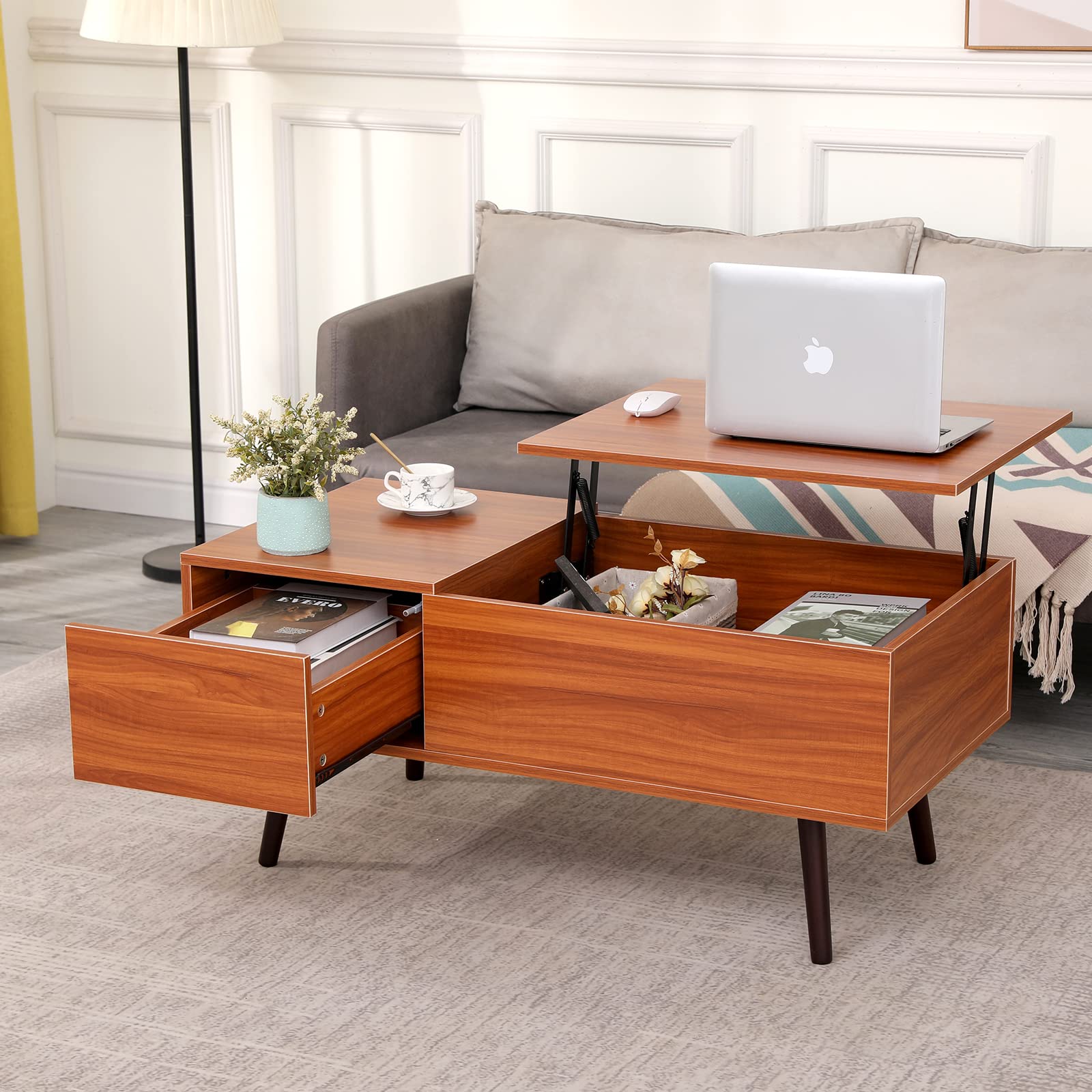 Lift Top Coffee Table with Storage Drawer - Adjustable Wood Coffee Table with Hidden Compartment | Multi-Functional Living Room, Office & Reception Room Furniture for Small Spaces & Modern Homes