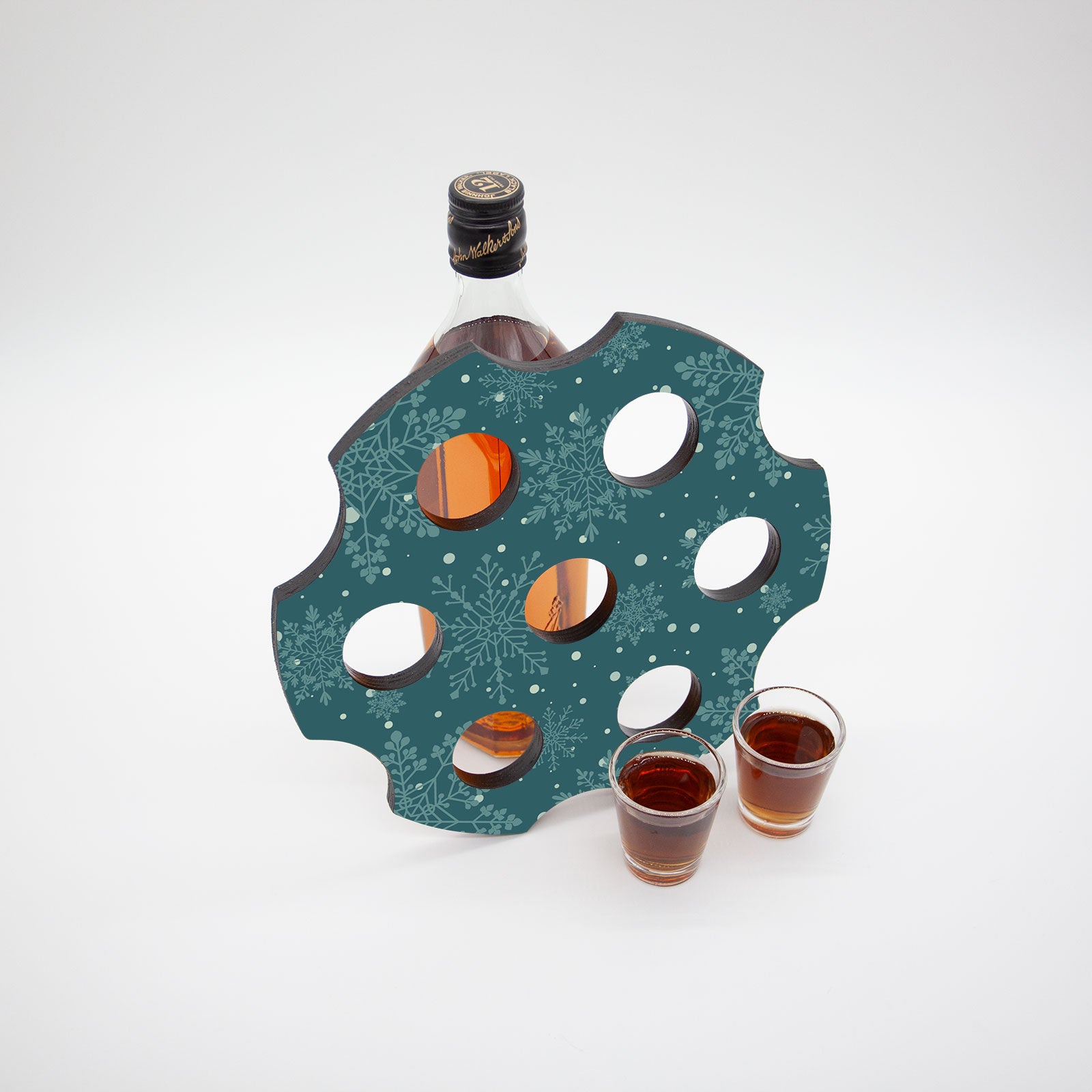 6-Shot Wooden Shot Glass Holder with Bottle Stopper - Snowflake Design - Perfect for Parties, Bars, and Home Entertaining