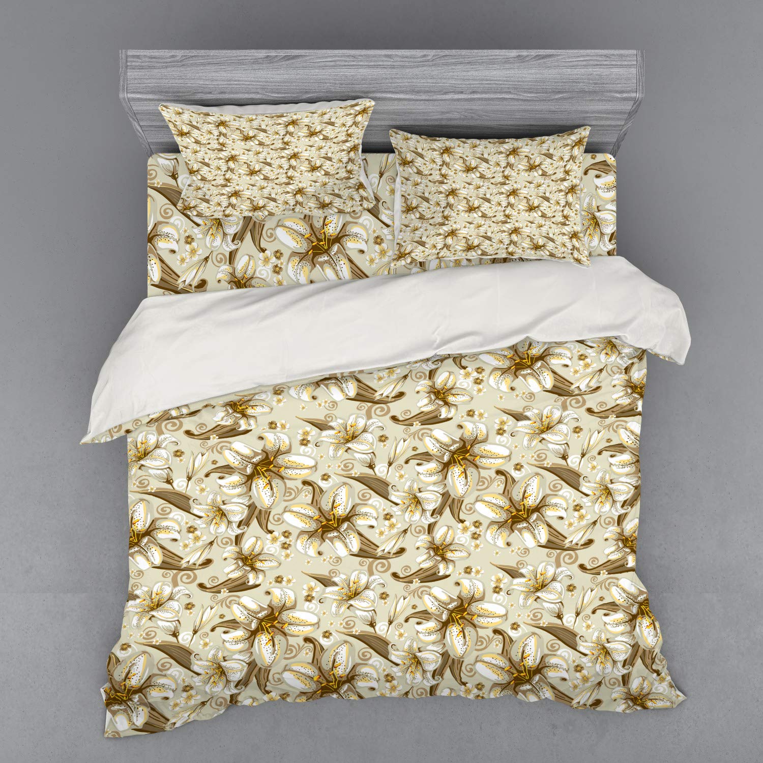 Ambesonne Beige Duvet Cover Set - Wild Distressed Lilies Floral Design with Blooming Petals Bouquet, 4-Piece King Size Bedding Set Includes Shams & Fitted Sheet in White Yellow Beige | Nature-Themed Luxury Bedroom Decor for Master Bedroom, Guest Room & Vacation Homes