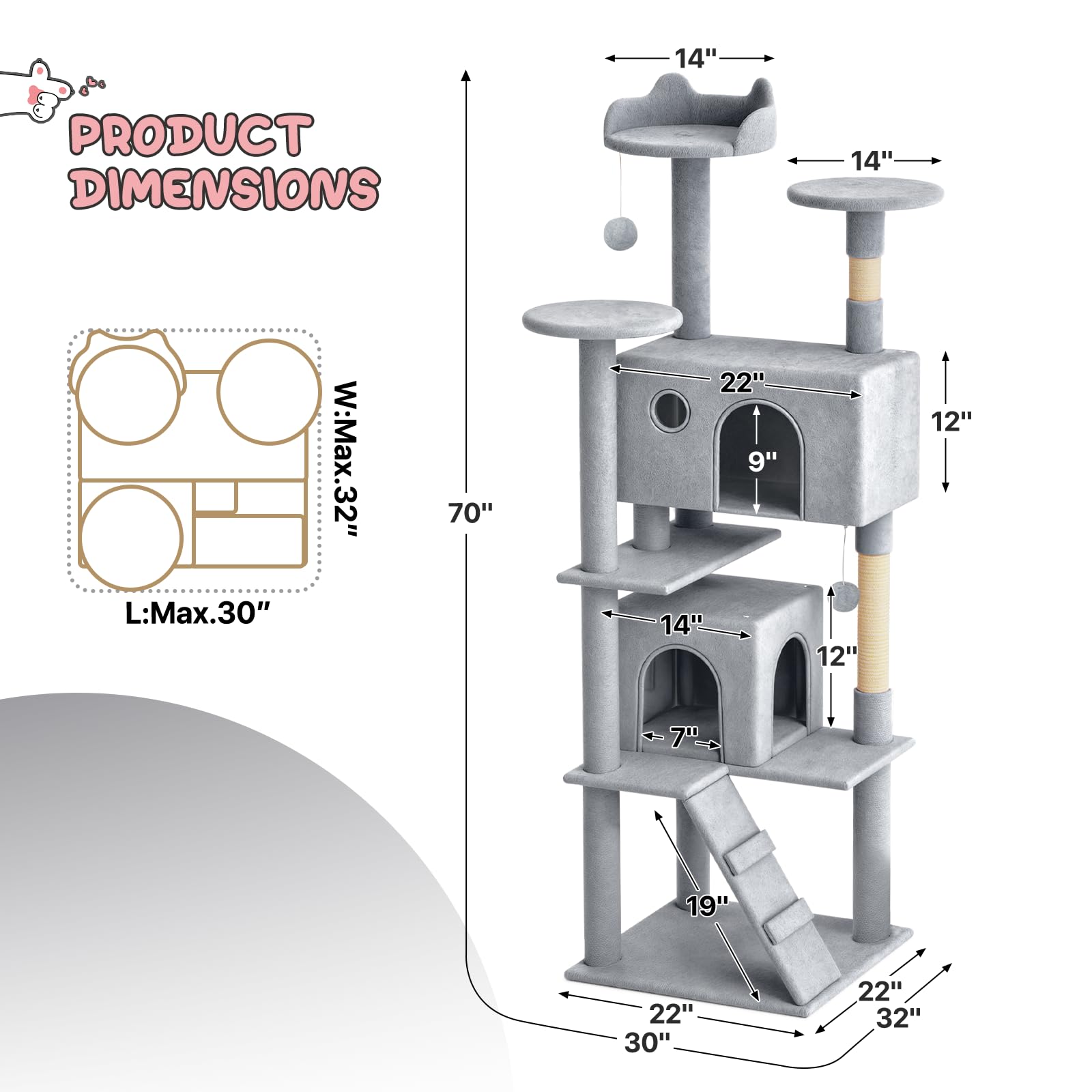**MoNiBloom 70-Inch Tall Cat Tree Tower with 2 Condos & Scratching Posts - Sturdy Cat Climbing Tower for Indoor Cats, Light Grey - Perfect for Play, Rest & Scratching in Small Spaces**