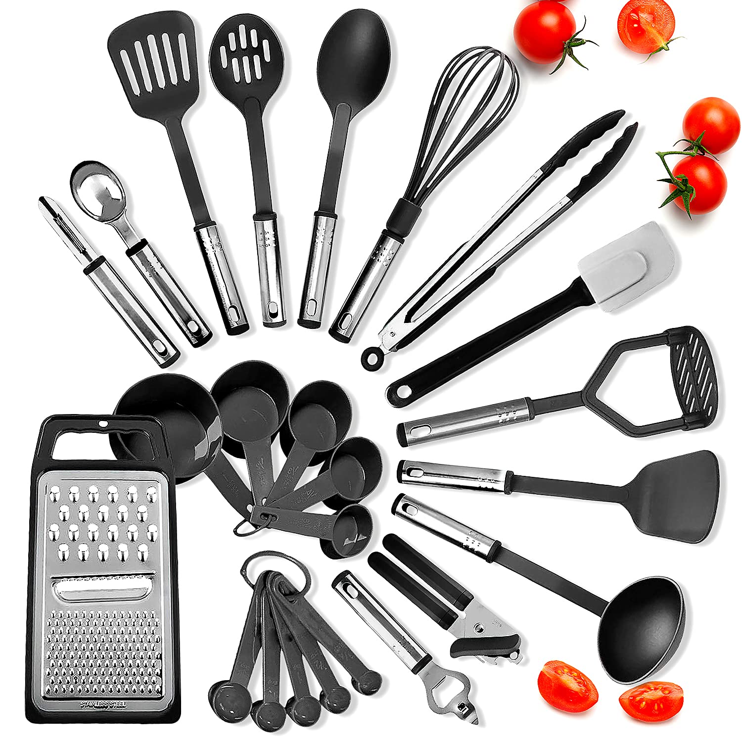 24-Piece Nylon Kitchen Utensil Set with Stainless Steel Handles - Heat Resistant Non-Stick Cooking Tools for Baking, Frying & Grilling - Black Kitchen Gadgets for Home Chefs & Cooking Enthusiasts