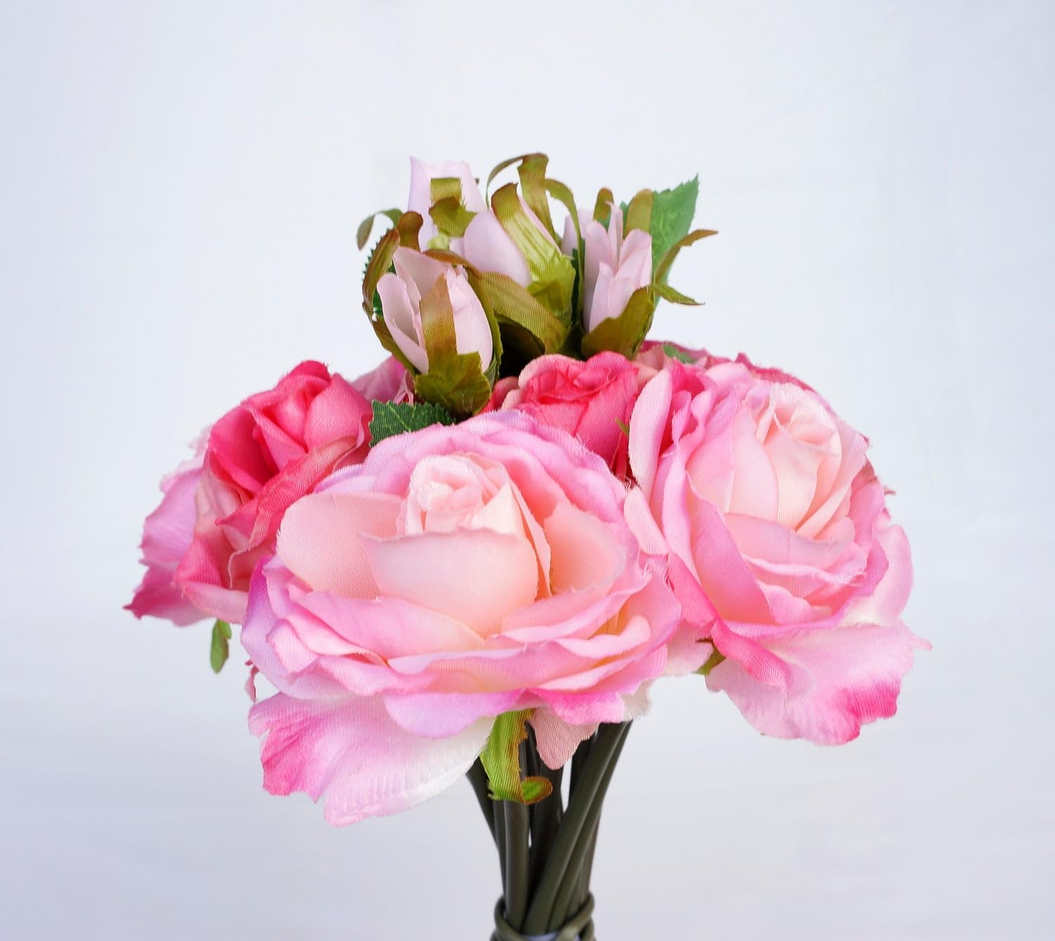 Artificial Silk Rose Bouquet - Pink Mix 11 Stems (9 Open Roses & 2 Rose Buds) for Wedding Centerpieces, Bridal Bouquets, Home Decor & Party Decorations