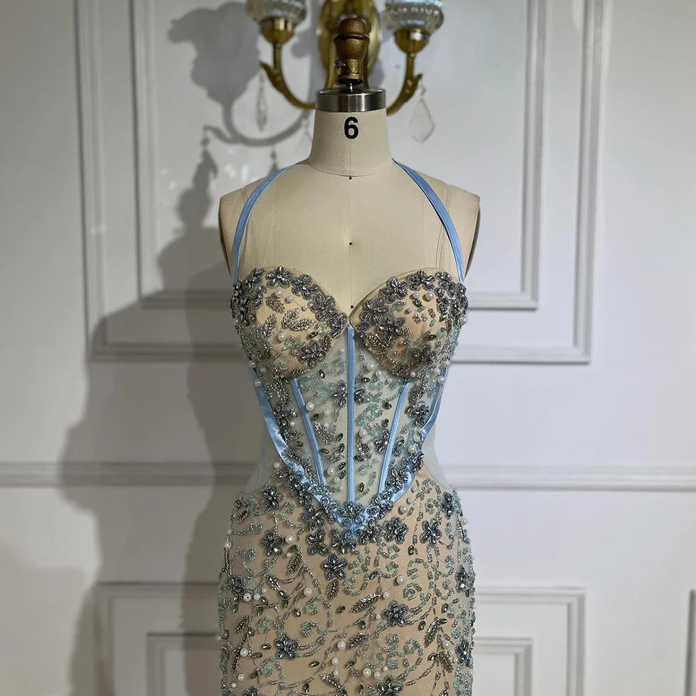 Luxury Dubai Blue Mermaid Evening Gown with Beaded Spaghetti Straps - Arabic Style Wedding Party Dress for Women 2025 | Perfect for Formal Events, Galas & Special Occasions