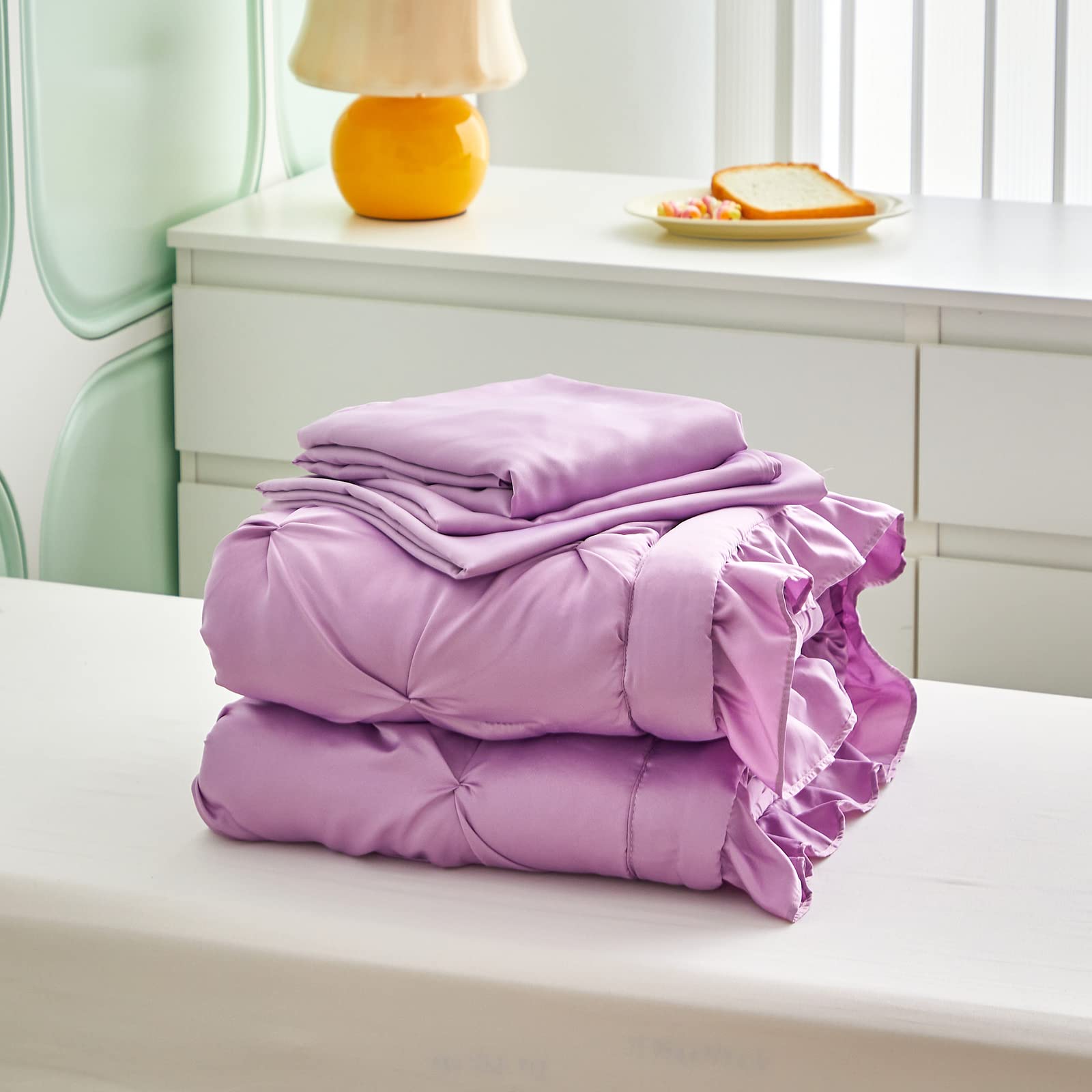4-Piece Pinch Pleated Toddler Bedding Set with Ruffle Fringe - Solid Purple Unisex Pintuck Crib Sheets for Baby Boys & Girls (Comforter, Flat Sheet, Fitted Sheet, Pillowcase) - Soft Nursery Bedding for Cozy Sleep & Playtime