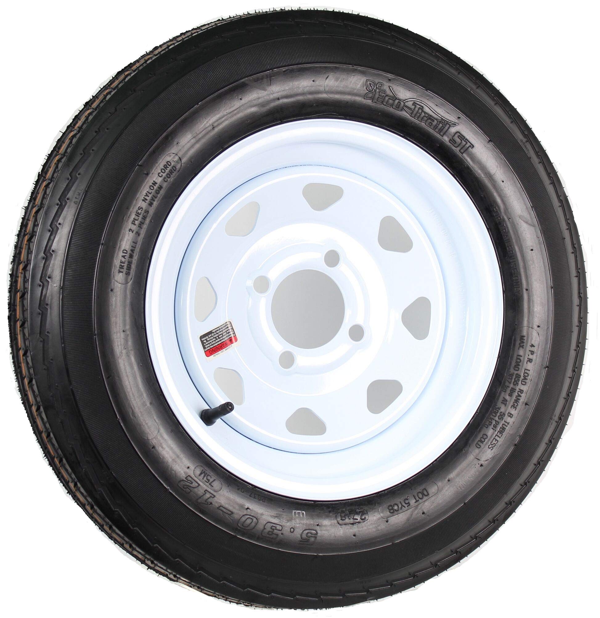 12 Inch 4 Lug 100mm White Spoke Trailer Wheel with 5.30-12 Tire - 4x100 Bolt Pattern - Perfect for Utility Trailers, Boat Trailers & Small Campers