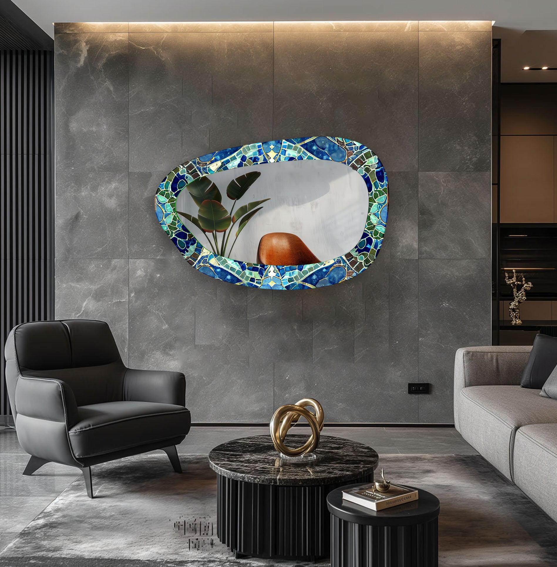 Blue & Green Mosaic Large Glass Wall Mirror - Elegant Home Decor for Living Room, Bedroom, or Entryway - Perfect for Adding Style and Brightness to Any Space