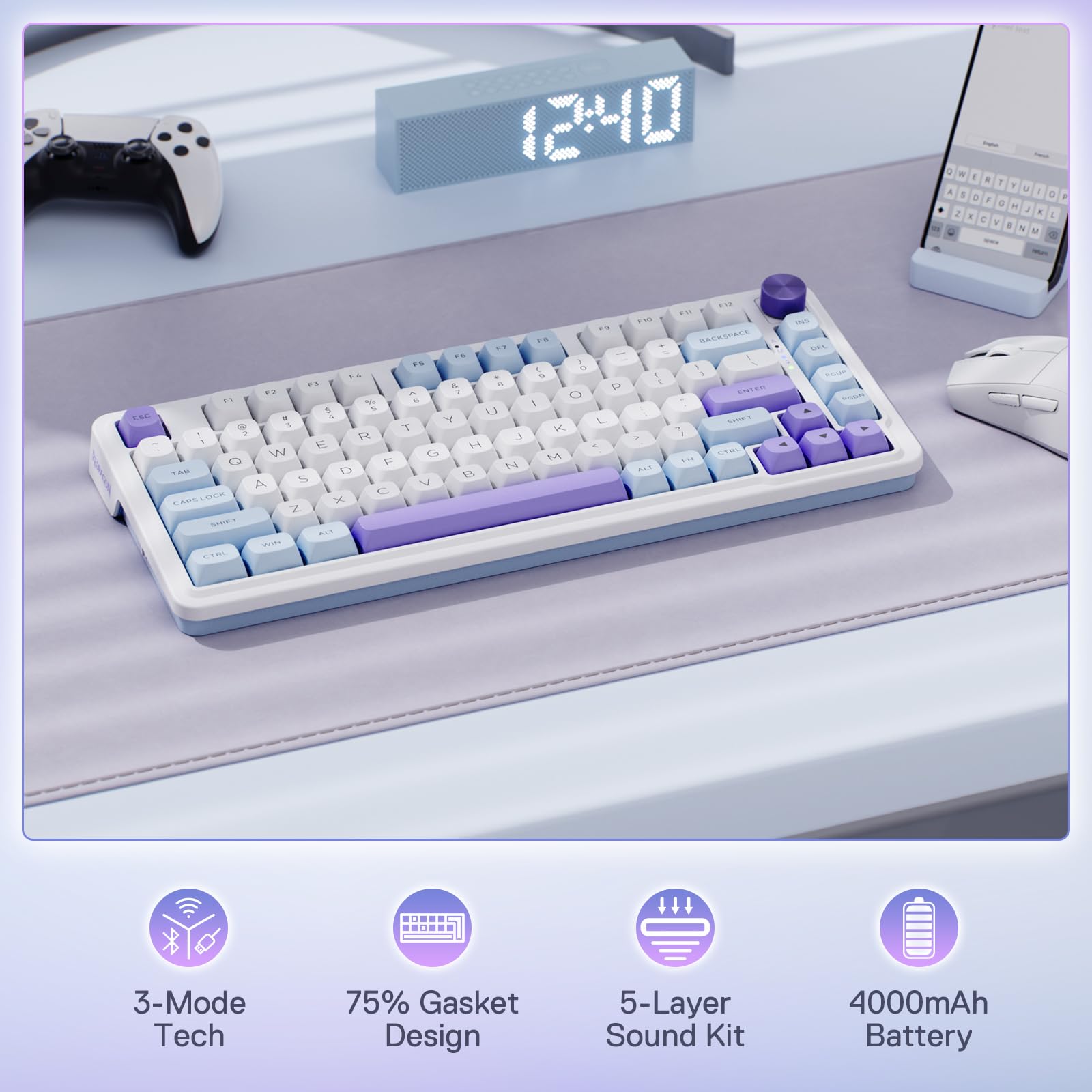 Redragon K673 PRO 75% Wireless RGB Gaming Keyboard - 3-Mode Connectivity (Bluetooth/2.4Ghz/USB-C), 81-Key Compact Mechanical Keyboard with Hot-Swap Sockets, PBT Keycaps, Dedicated Volume Knob & 5-Layer Noise Dampening for Quiet Typing | Perfect for PC Gaming, Office Work & Streaming Setup