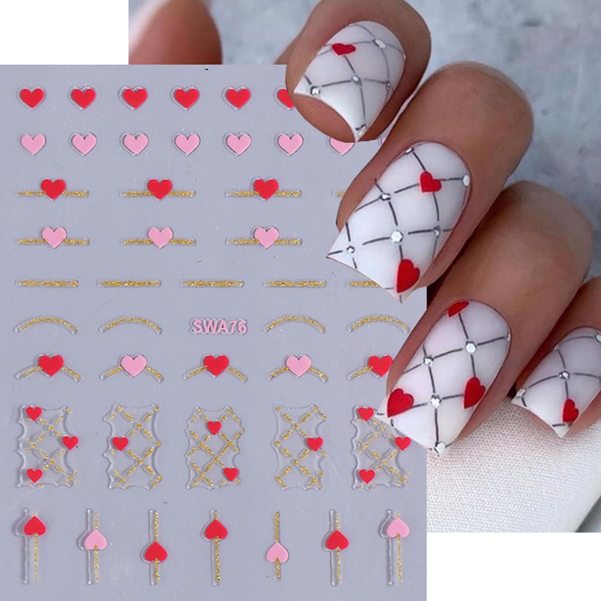 Valentine's Day Heart Nail Art Stickers - 6PCS Black White Red Heart French Tip Stripes Nail Decals for Women | Perfect for Valentine's Nail Designs, DIY Nail Art Decorations & Special Occasions