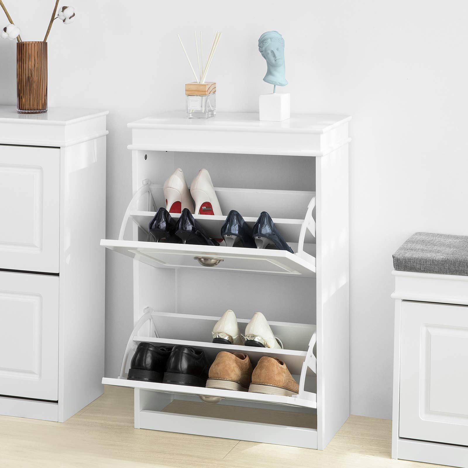 Haotian White Shoe Bench and Storage Cabinet with Cushion Seat - FSR82-L-W & FSR78-W Models - Perfect for Entryway, Mudroom, and Bedroom Organization