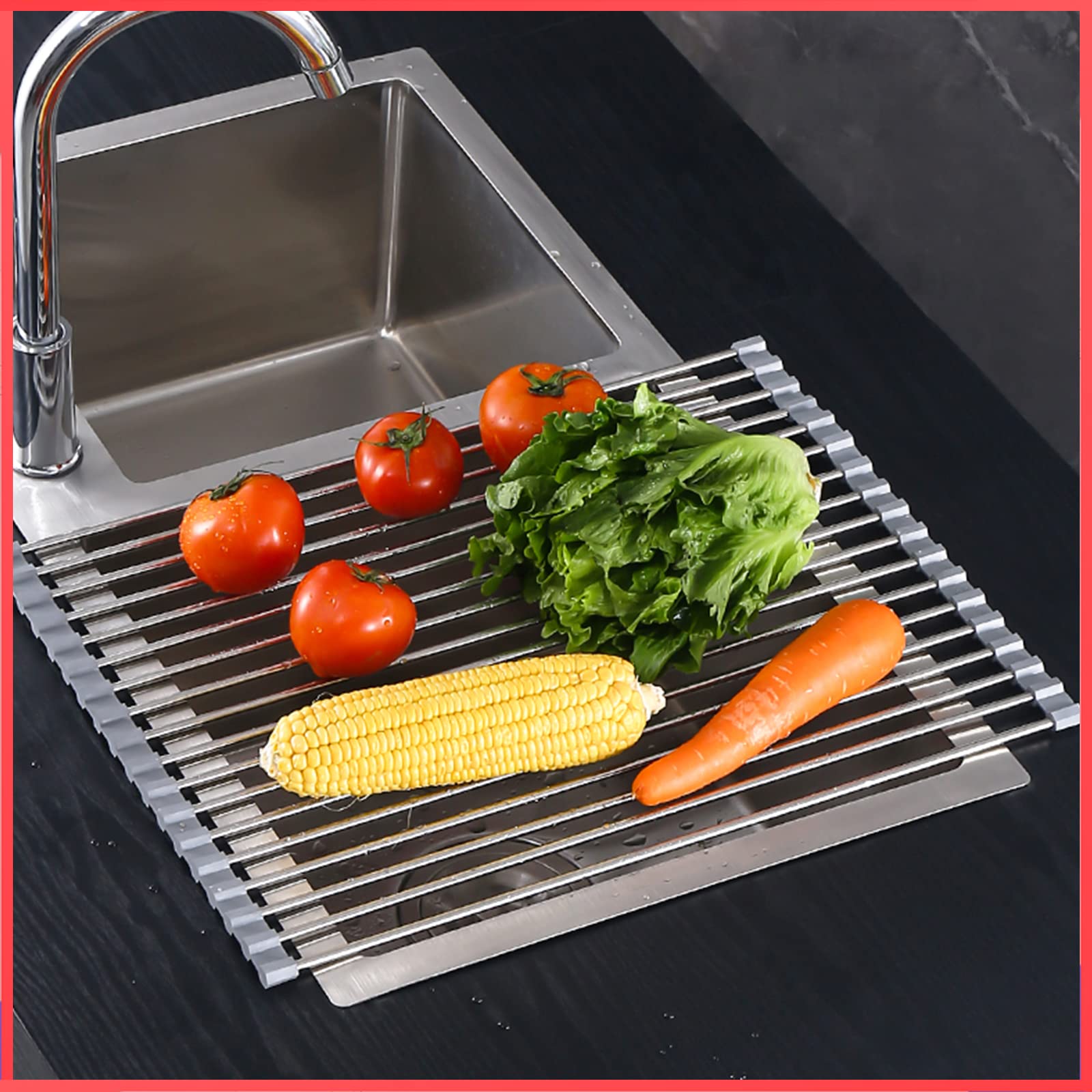 Wolpin Large Roll-up Sink Dish Drying Rack - Stainless Steel Foldable Organizer for Kitchen Utensils, Fruits & Vegetables (47 x 36 cm) | Space-Saving Drainer for Small Kitchens & Countertops | Perfect for Dishwashing, Food Prep & Drying Produce