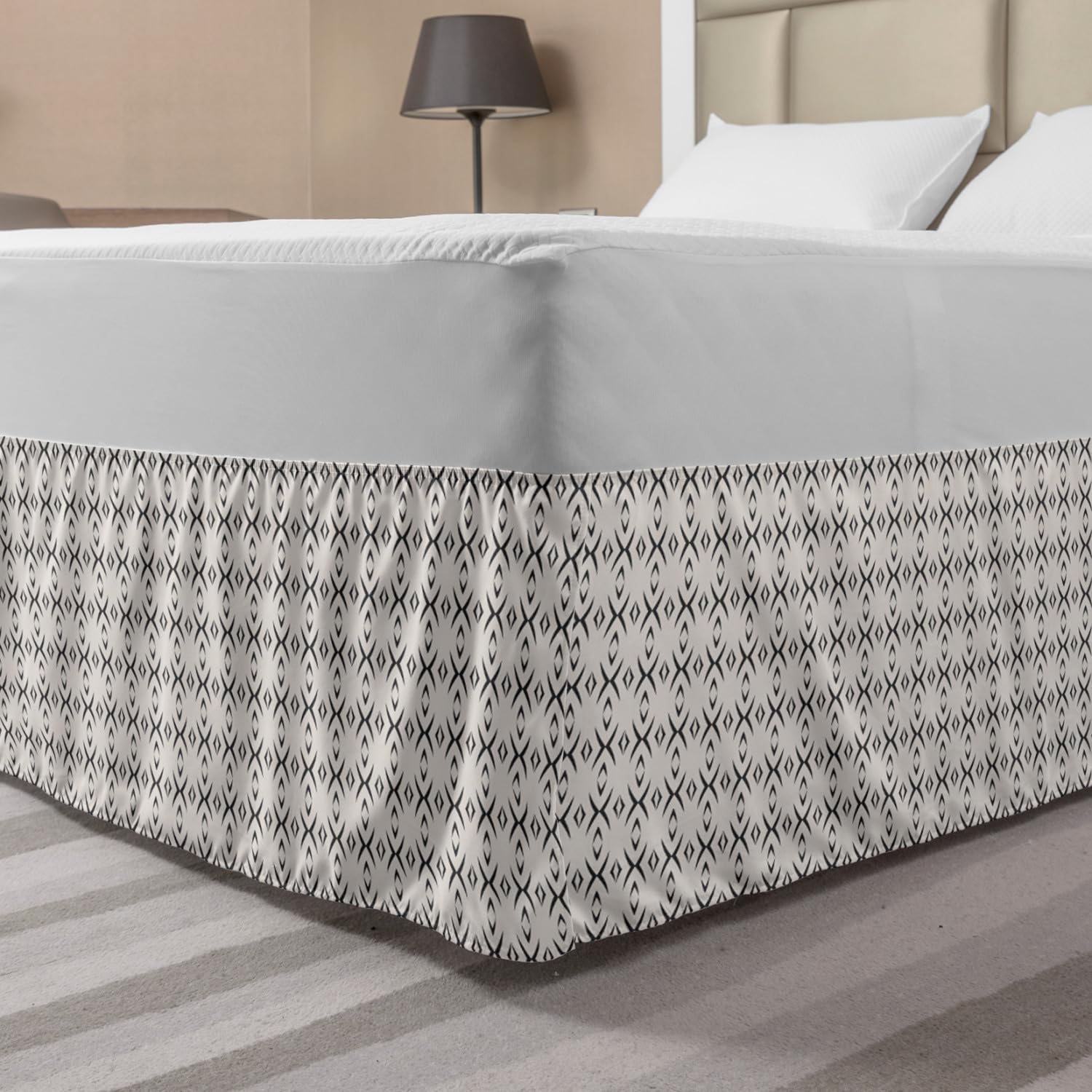 Ambesonne Geometric Black and White Bed Skirt - Queen Size Elastic Dust Ruffle with Striped Art Print | Modern Bedroom Decor for Contemporary Home Styling
