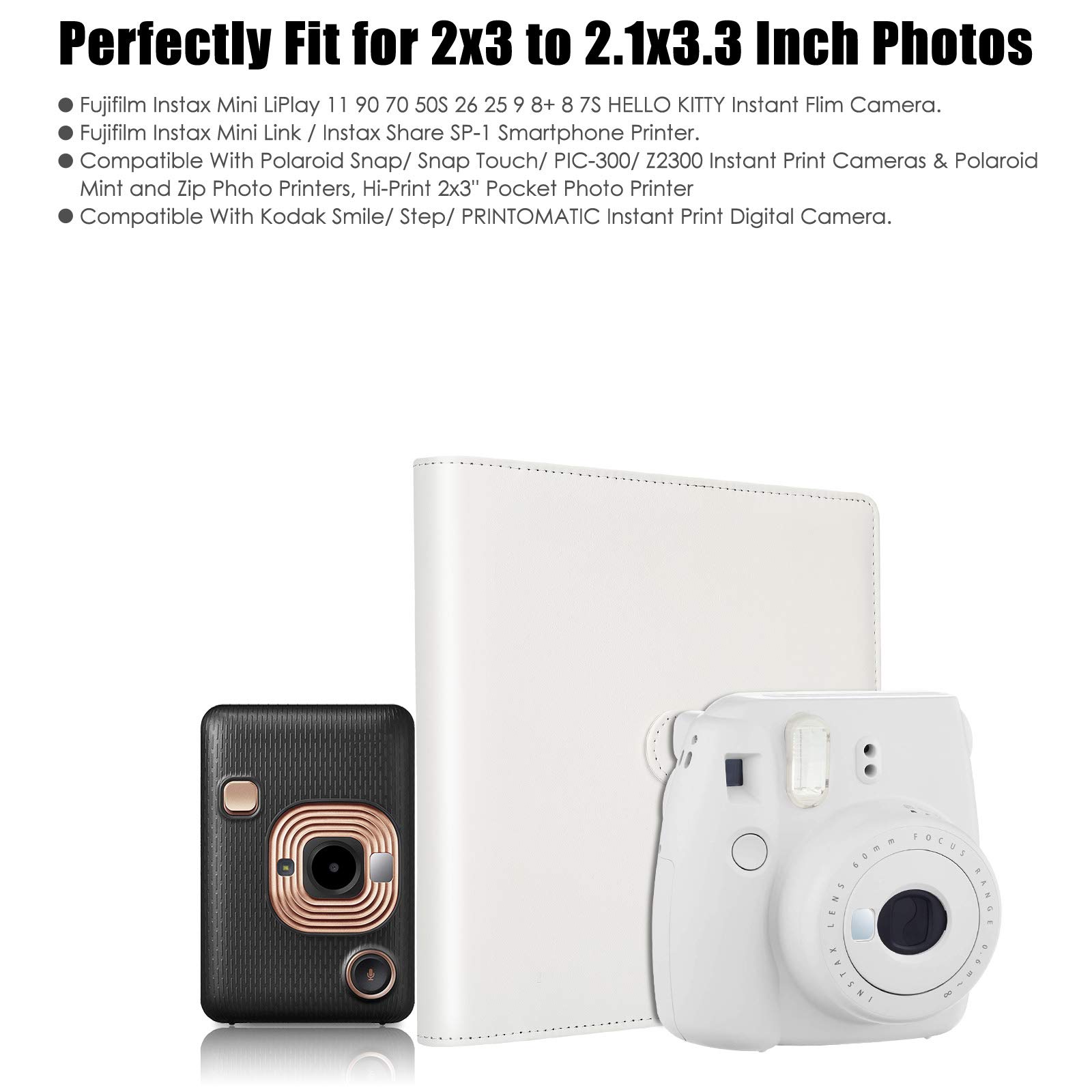 256-Pocket Leather Photo Album for Fujifilm Instax Mini 12/11/9/40/90/8/7 & Polaroid Instant Cameras - Holds 2x3 Inch Photos (White) | Perfect for Wedding, Baby, Travel Memories & Home Decor