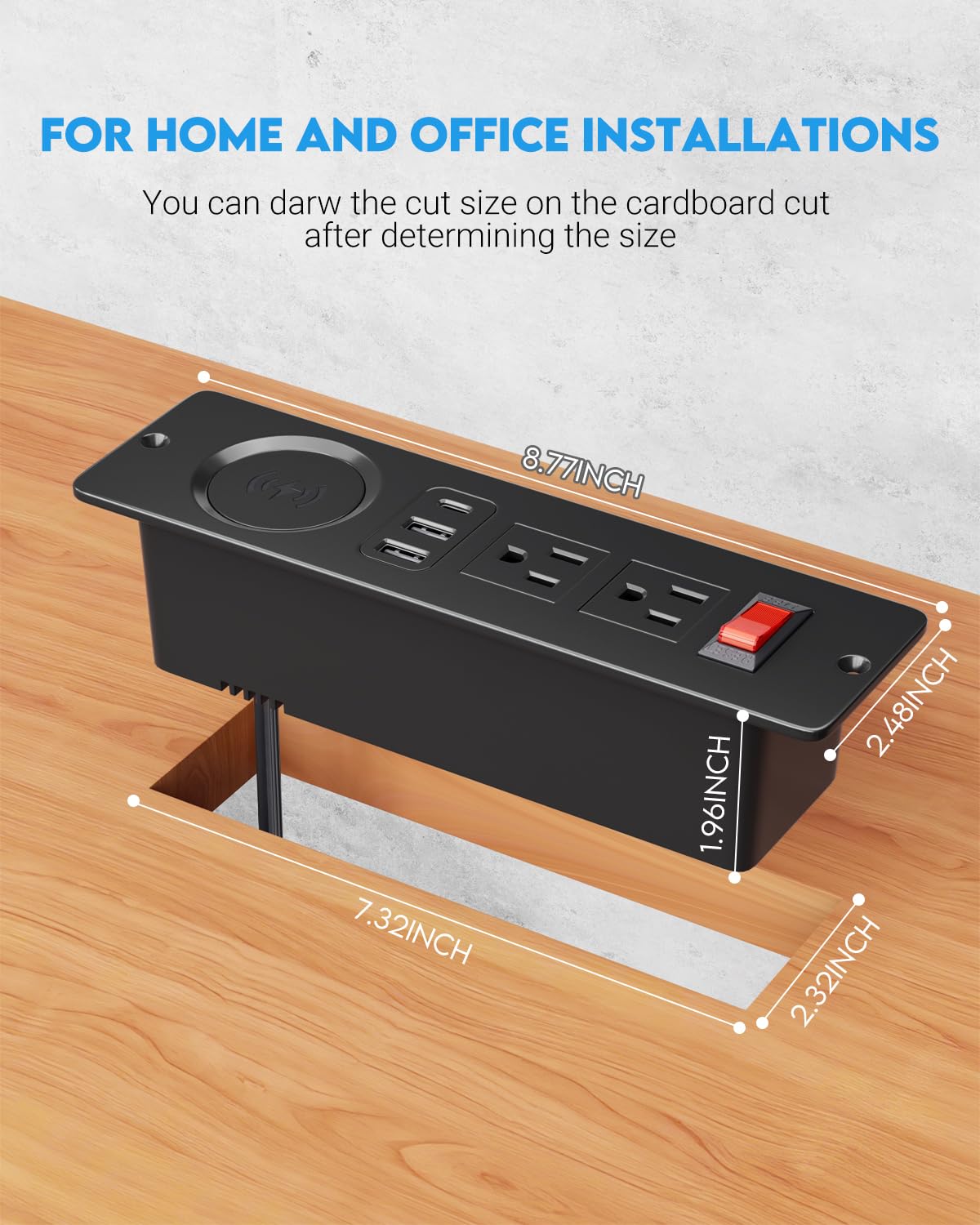 15W Recessed Power Strip with Wireless Charger & PD20W USB-C Fast Charging - 3 Outlets, 6ft Cord for Nightstand, Sofa Table, Drawer - Perfect for Bedroom, Office & Living Room Furniture Charging Needs
