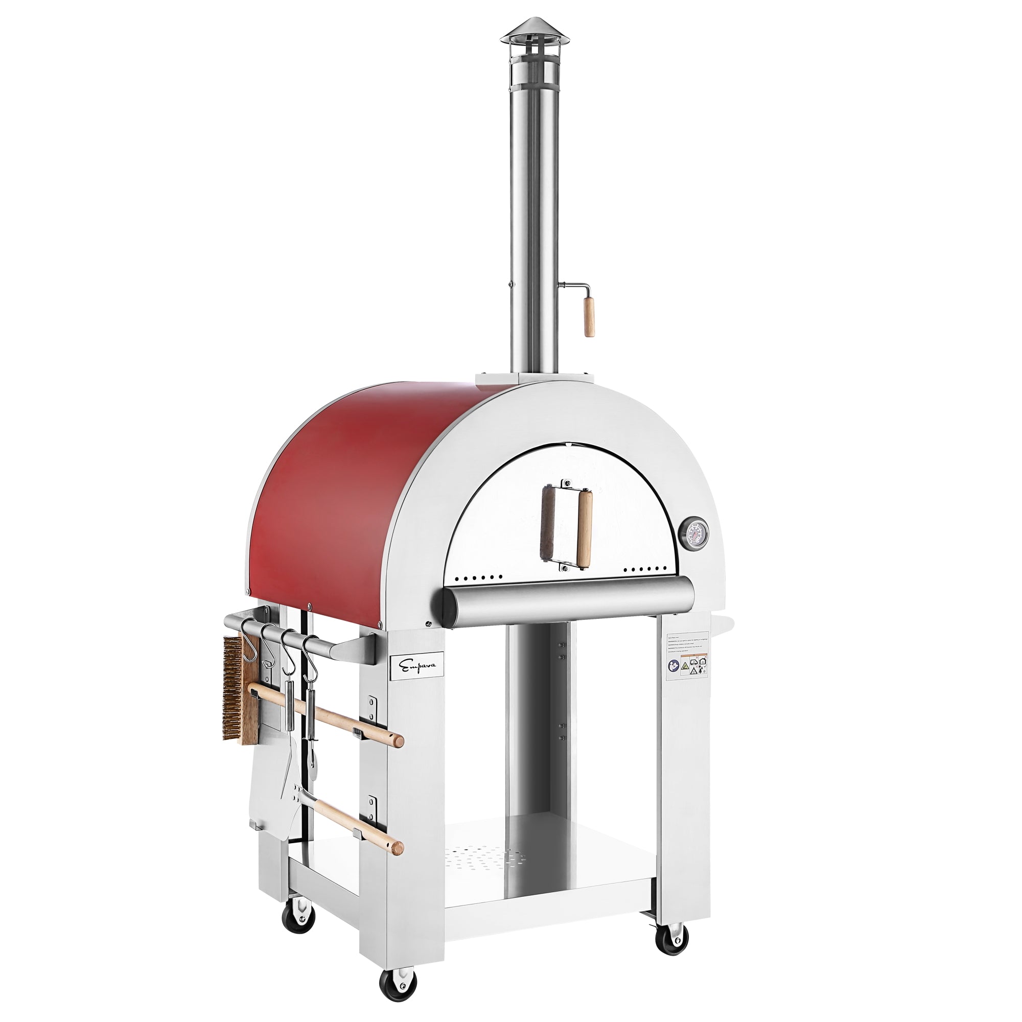Empava 25 Inch Stainless Steel Outdoor Wood Fired Pizza Oven with Red Accents (PG06) - Perfect for Backyard Cooking, Camping & Italian Pizza Parties