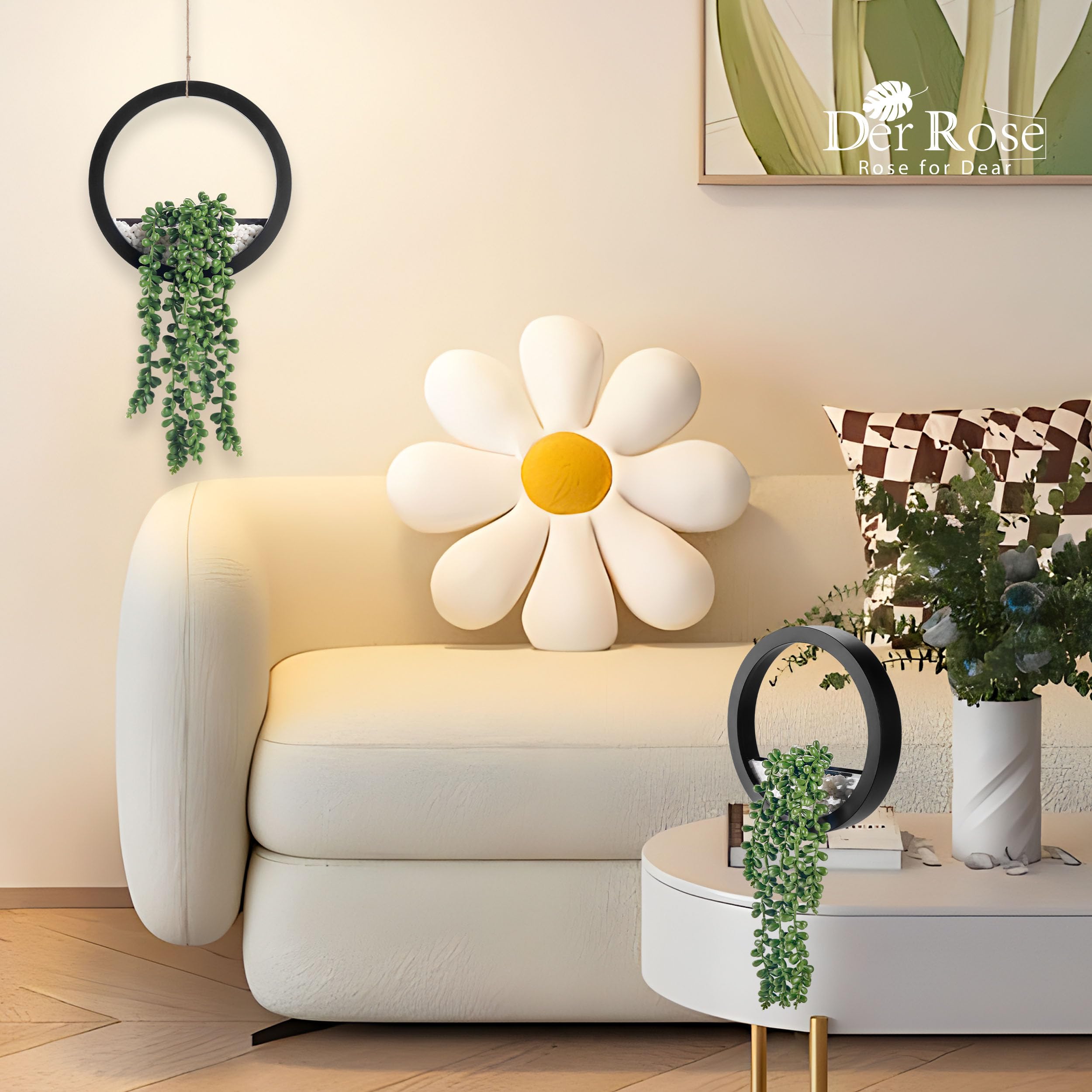 2 Pack Fake Hanging Succulent Plants in Black Pots - Artificial Greenery for Living Room, Bathroom, Office & Boho Wall Decor - Low Maintenance Home Décor Accessories